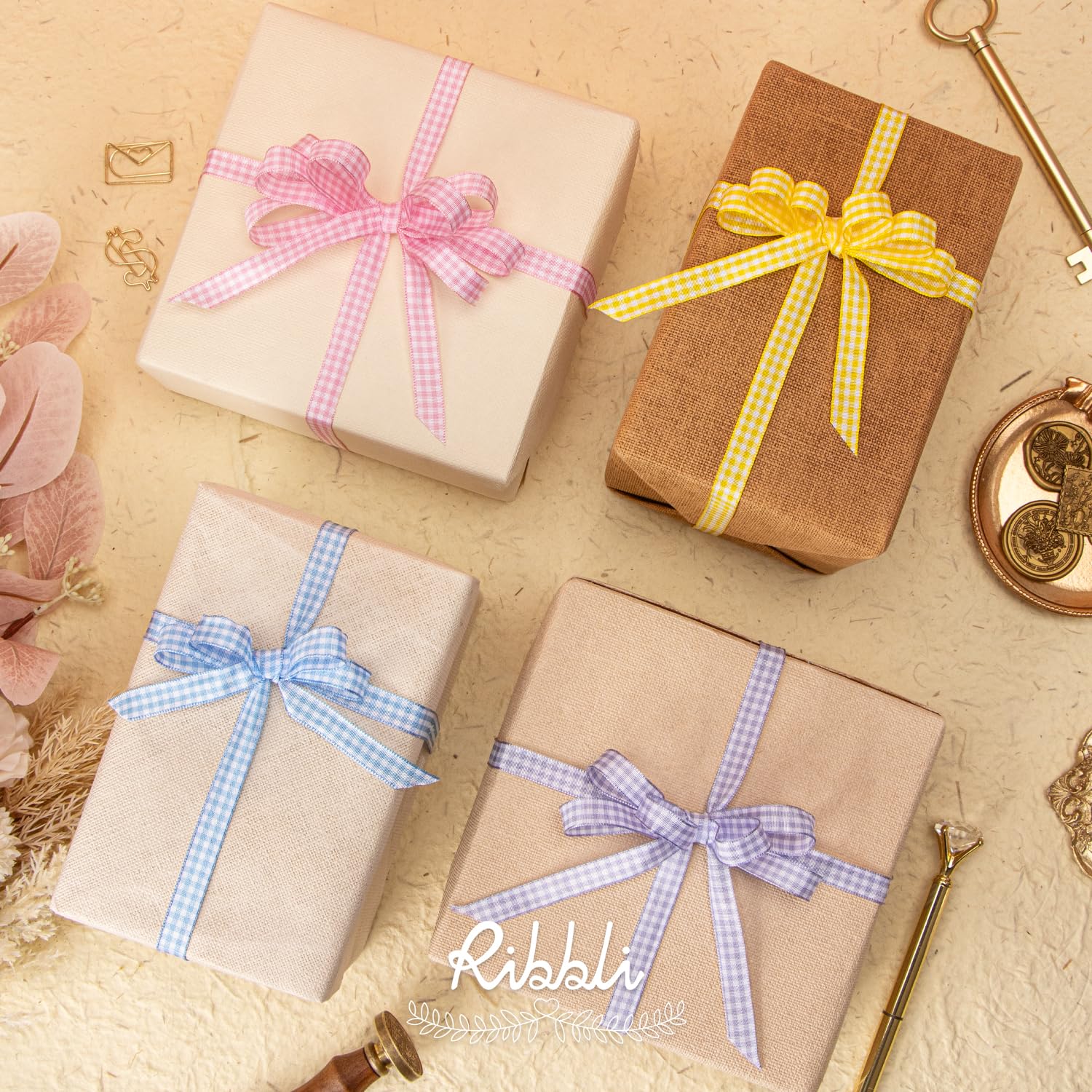 Ribbli 4 rollos de cinta a cuadros de 3/8 pulgadas, total 40 yardas, borde tejido 100% poliéster, (rosa claro/azul claro/morado/amarillo), uso a cuadros de Pascua para baby shower, envoltura de
