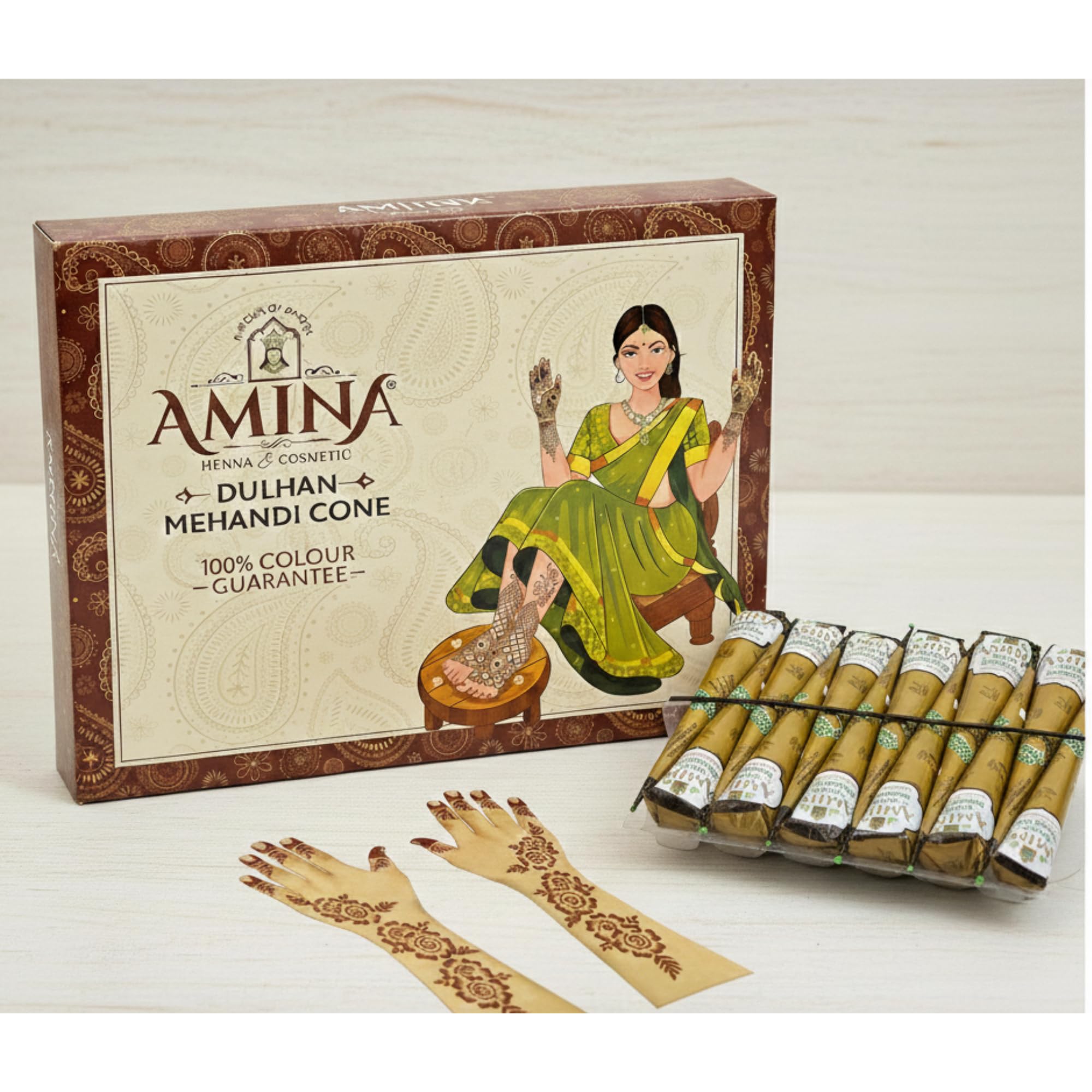 Amina Instant Mehendi Cone Golden Pack of 6 with Free Stencil | Natural Henna Tattoo Paste for Dulhan Bridal Design, Weddings & Festivals | Dark Stain Ready to Use Outline Mehandi Cones for All Ages-picture-17