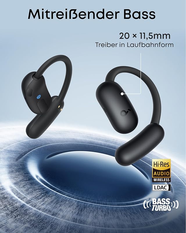 soundcore AeroFit 2 nyitott fülhallgató, állítható fülfüggelékek, mély basszus, 42 órás játékidő, Bluetooth 5.4, vezeték nélküli töltés, IP5 - black, standard