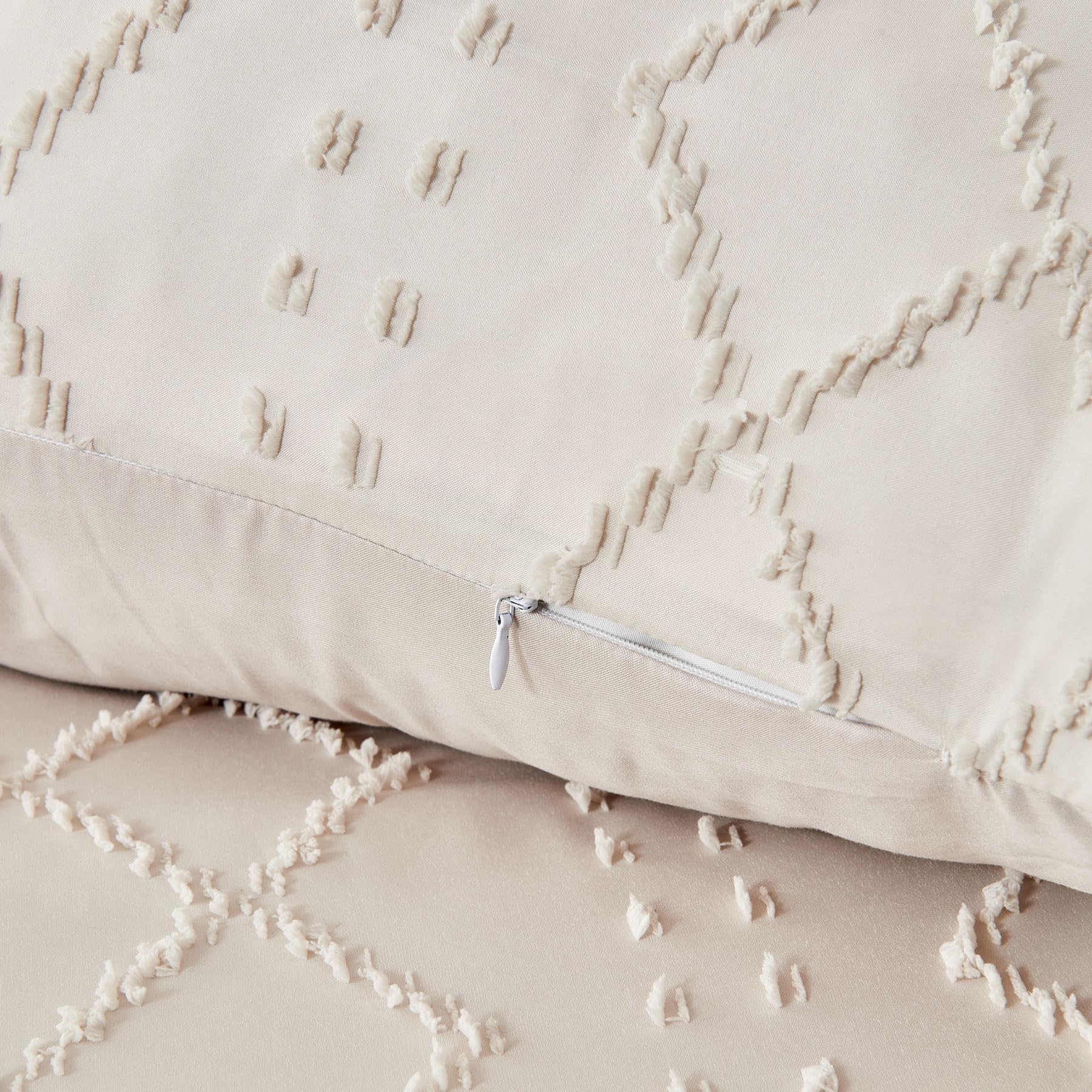 Housse de Couette 220x240 Bohème Beige Tuftée Parure de Lit Bohème Style Géométrique Grille Carrée Linge de Lit 2 Personne Adulte avec Fermeture Éclair avec Taies d'oreiller 65x65 cm