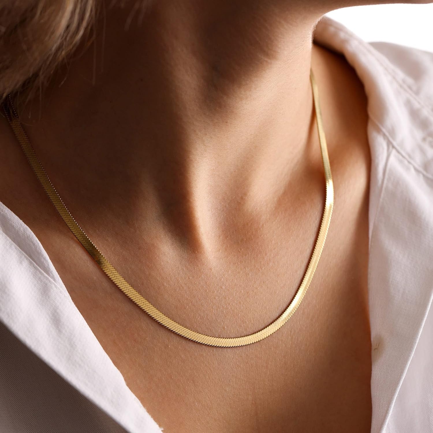 DEARMAY 14K Gold Plated Herringbone Necklaces for Women, Dainty Gold Snake Choker Chain Non Tarnish Trendy Simple Thin & Chunky Options Neckalce 1.5/3/5/6/8mm Chain Jewelry for Gifts