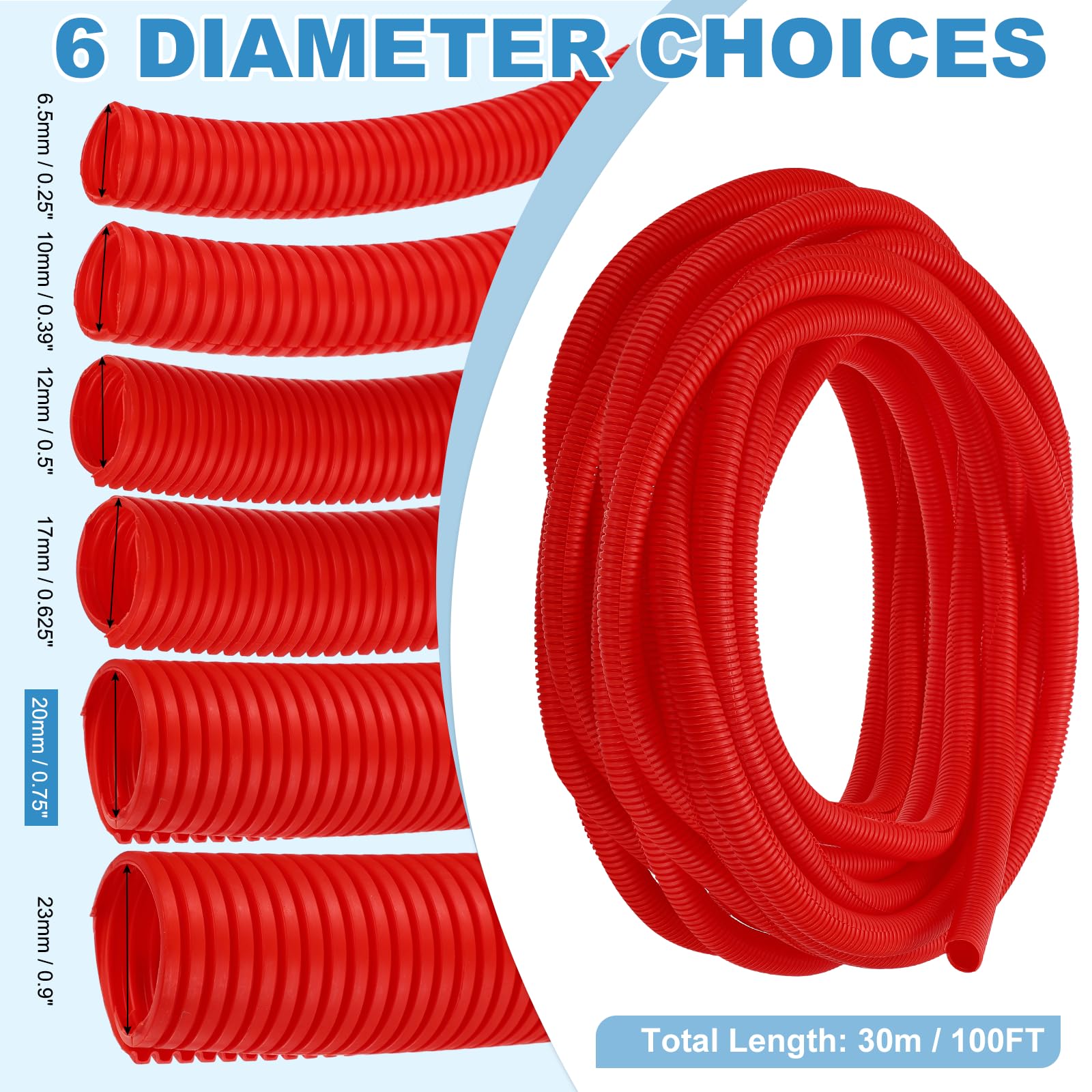 QUARKZMAN Gaine Fendue pour Câbles 3/4"(20mm) DI 100FT(30m) Gaine Protectrice Résistante À La Chaleur Et Au Froid -40F À 257F Conduit Flexible en Plastique Câbles, Rouge