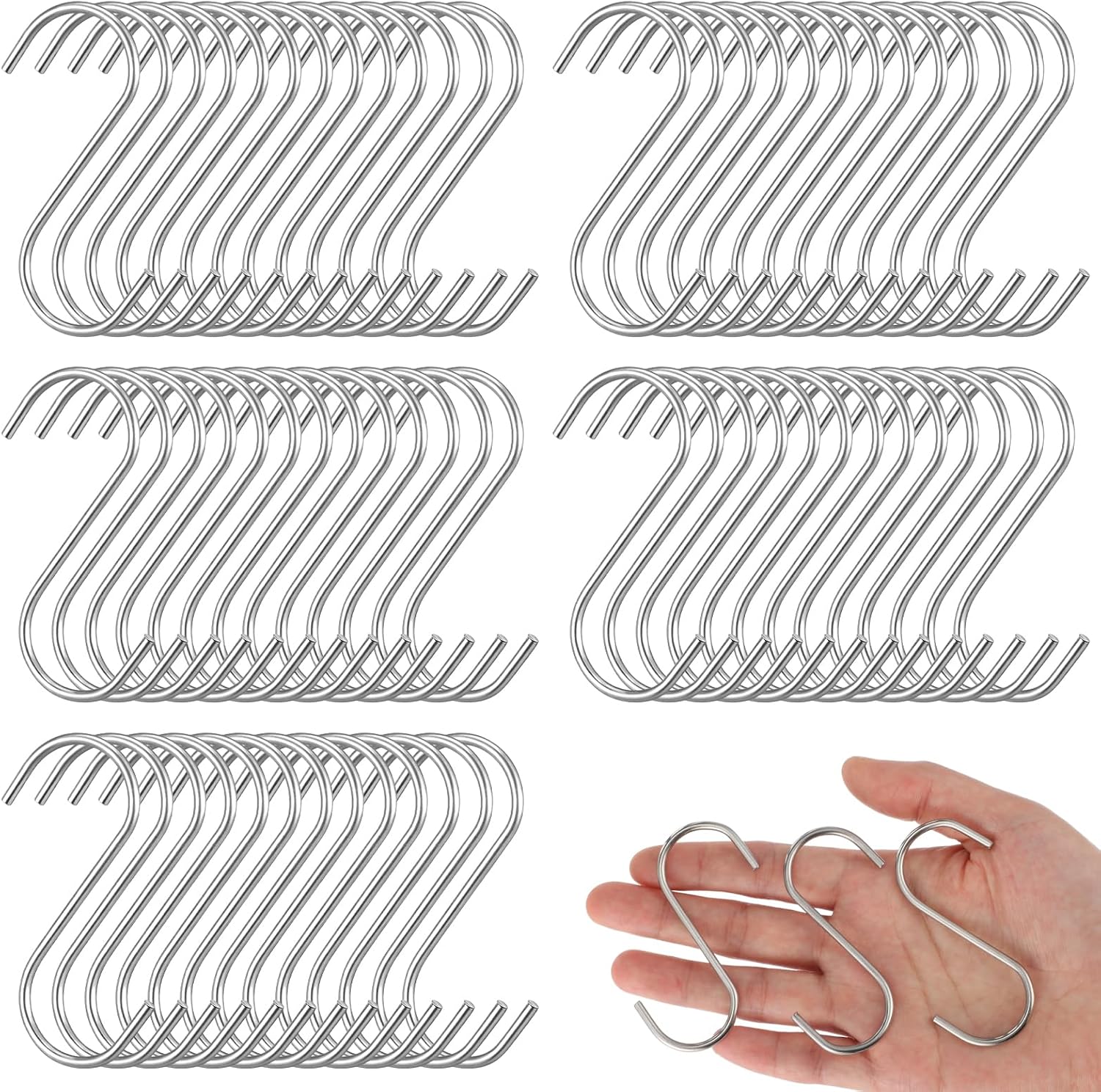 150 Pcs 2.75 Inch S Hooks, Heavy Duty Stainless Steel S Shaped Hanging Hooks for Kitchen, Closet, Garden, Plants, Pans, and Hammocks, Silver