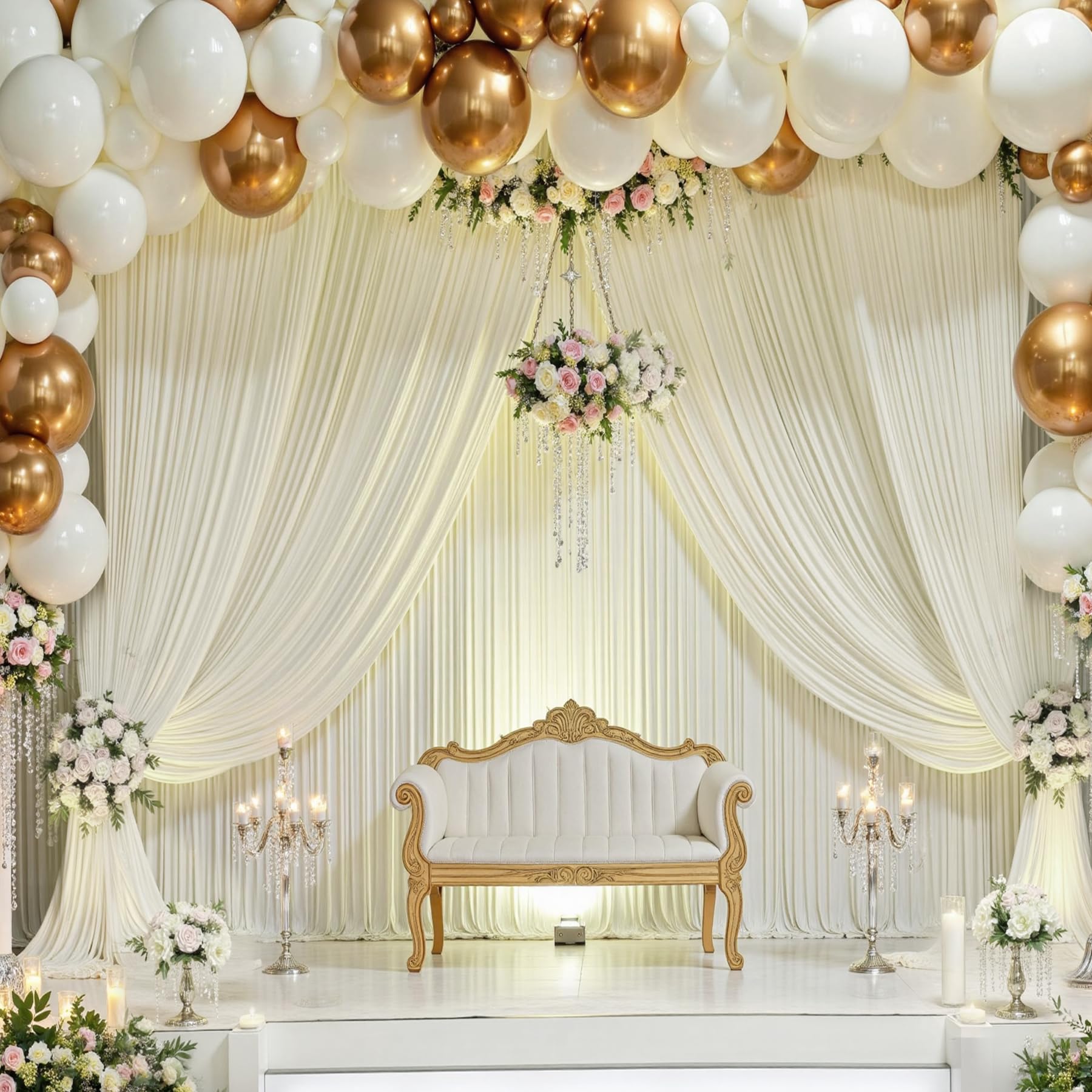 NSSONBEN Rideau de Fond crème sans Plis de 6 m x 3,6 m pour Mariages et fêtes, 4 Panneaux de 1,5 m x 3,6 m en Polyester Doux et Soyeux pour Rideaux de Fond pour Photographie de fête