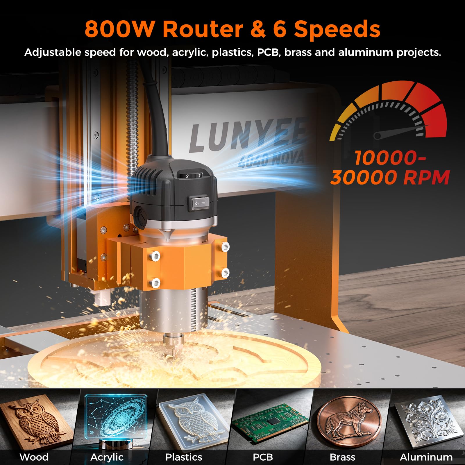 LUNYEE Máquina enrutadora CNC 4040 Nova, enrutador de 800 W con pinza ER11, rieles lineales HG15 y tornillos de bola en eje XYZ, área de trabajo de 400 x 400 mm, motores NEMA 23, CNC de escritorio