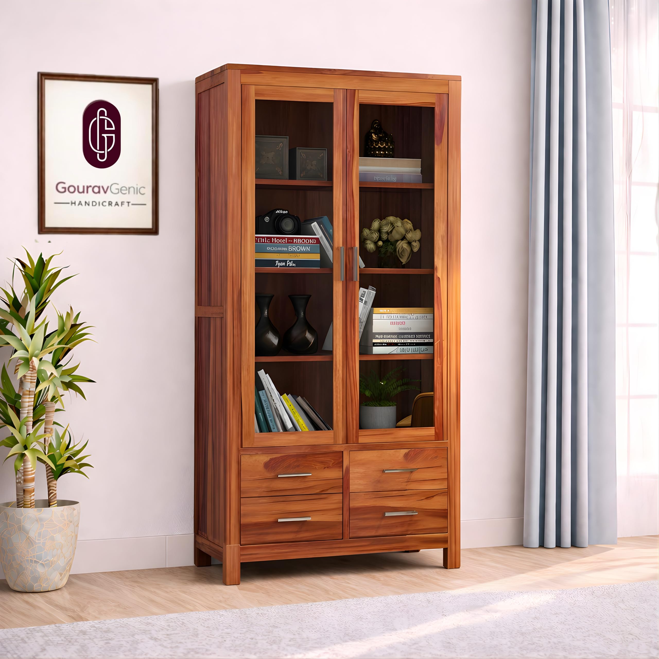 Sheesham Wood Tall Cabinet with Glass Doors and Four Drawers for Living Room Study Office Display Storage Cupboard Solid Wood Shelving Unit Bookcase Organizer Furniture-picture-32
