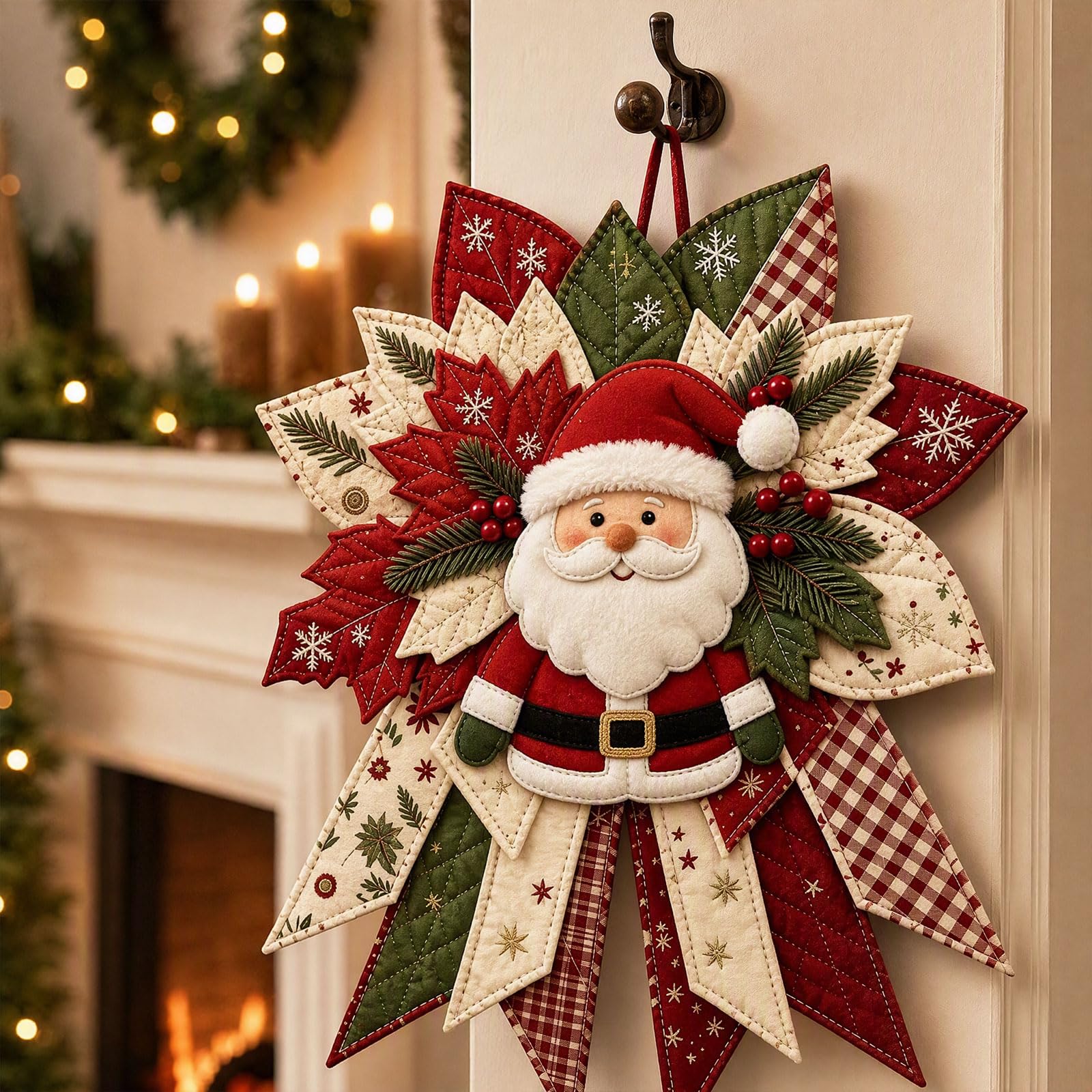 Festive Quilted Christmas Door Hanging DIY Sewing Kit, Christmas Quilted Bow DIY Kit with Fabric, Batting, Thread, Templates & Instructions, Patchwork Hanging Decor Kit for Door Wall Display (AA)