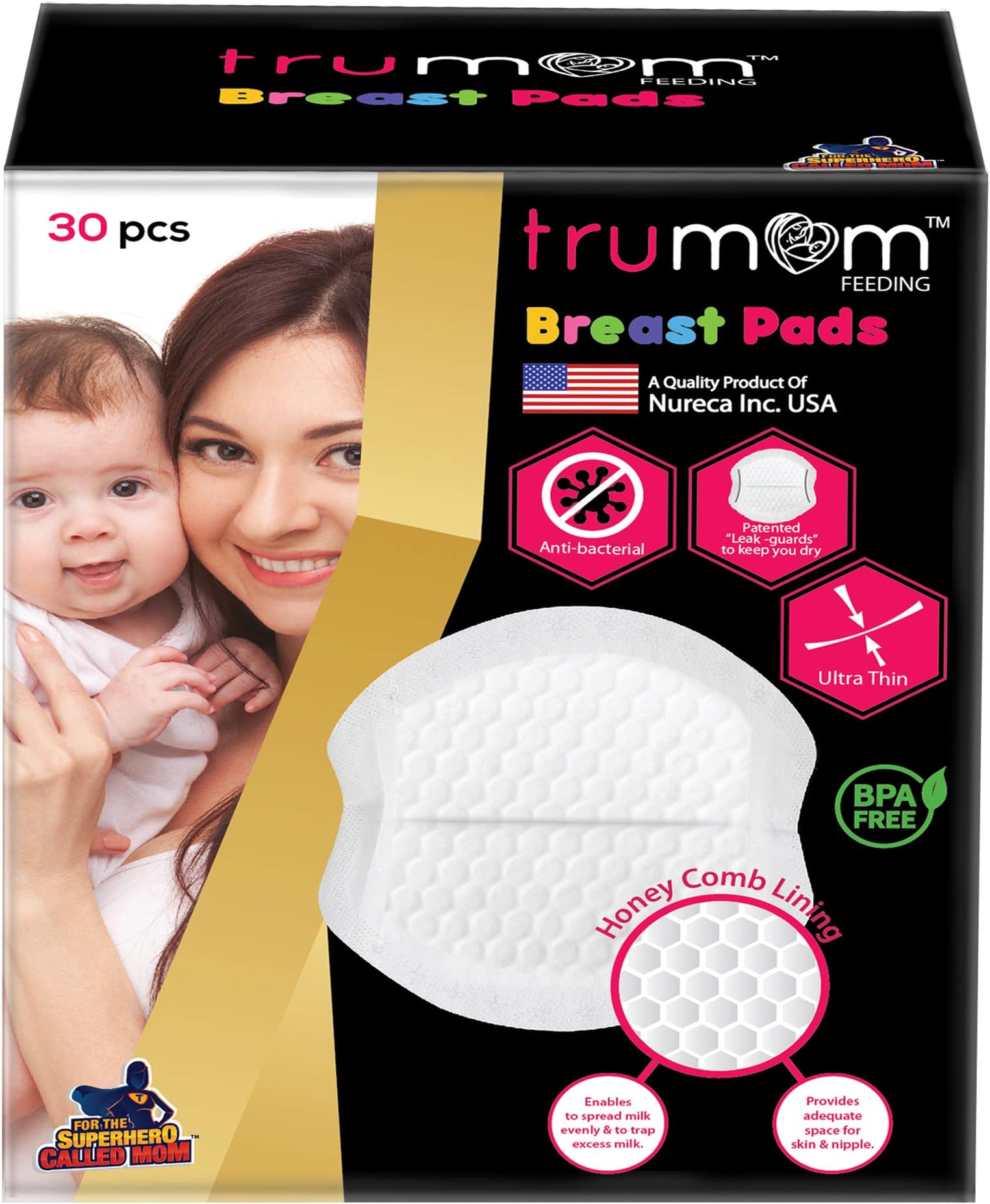 Trumom (USA) Premium Super Absorbent Anti-Bacterial Honeycomb Disposable Nursing Breast Pads with Patented "Leak Guards" Pack of 30 (Breastfeeding)