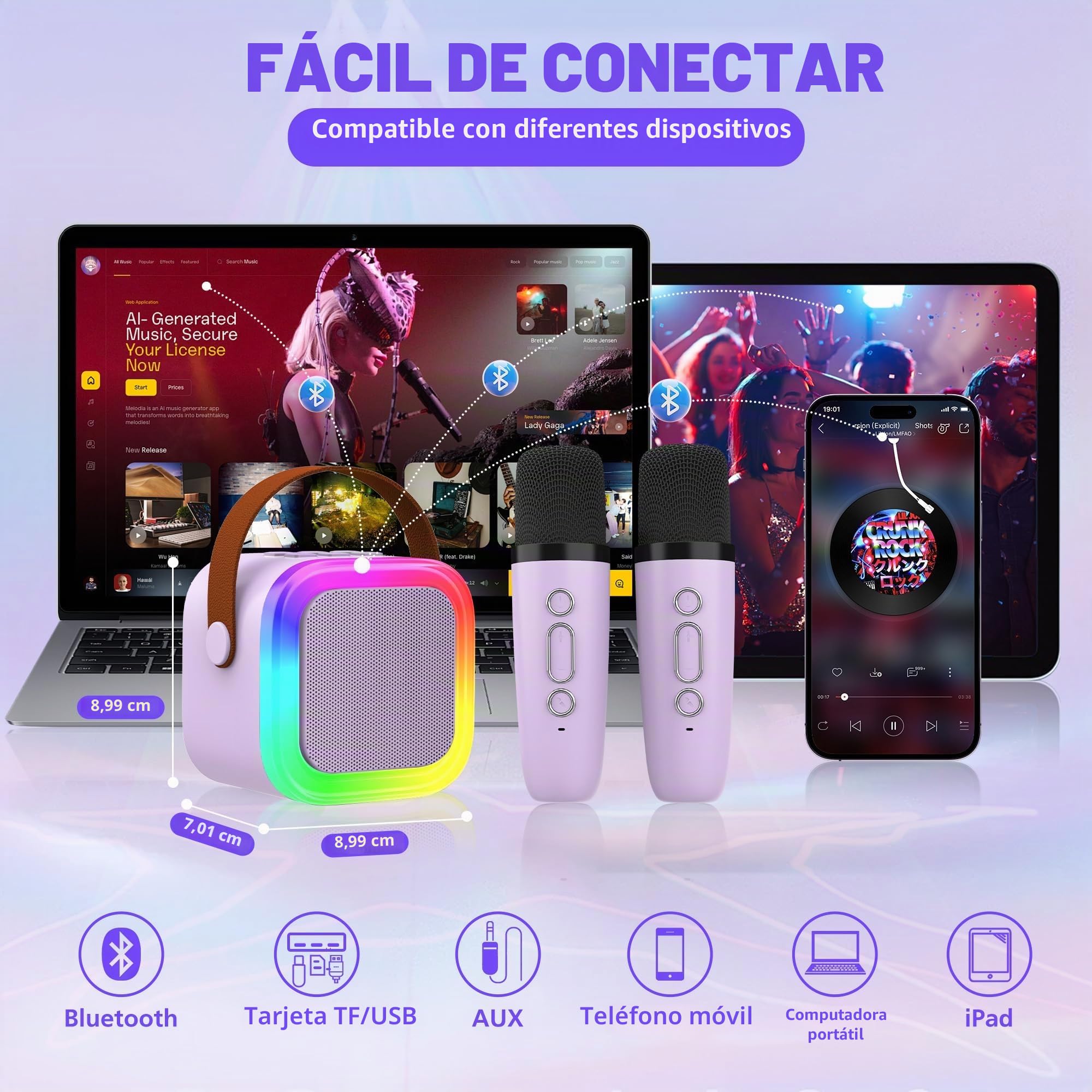 Mini máquina de Karaoke para niños y Adultos, Altavoz Bluetooth portátil con 2 micrófonos inalámbricos, Juguetes de Regalo de cumpleaños para niñas de 8, 9, 10, 11, 12 años o más (Morado)