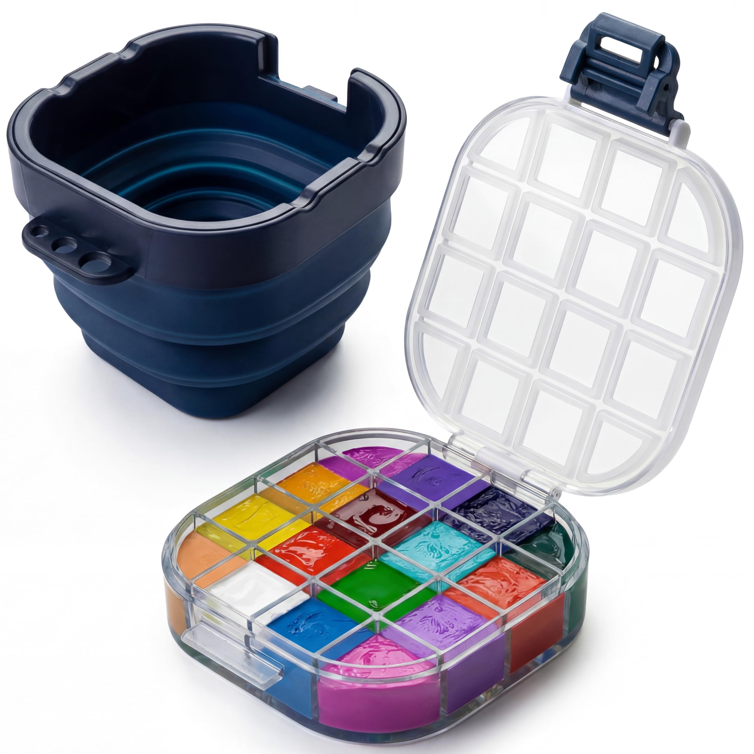 DUGATO Airtight Watercolor Palette Box (16-Well) with Lid & Collapsible Brush Basin - Portable Paint Saver for Acrylic, Gouache, Oil - Travel Art Supplies (Blue)