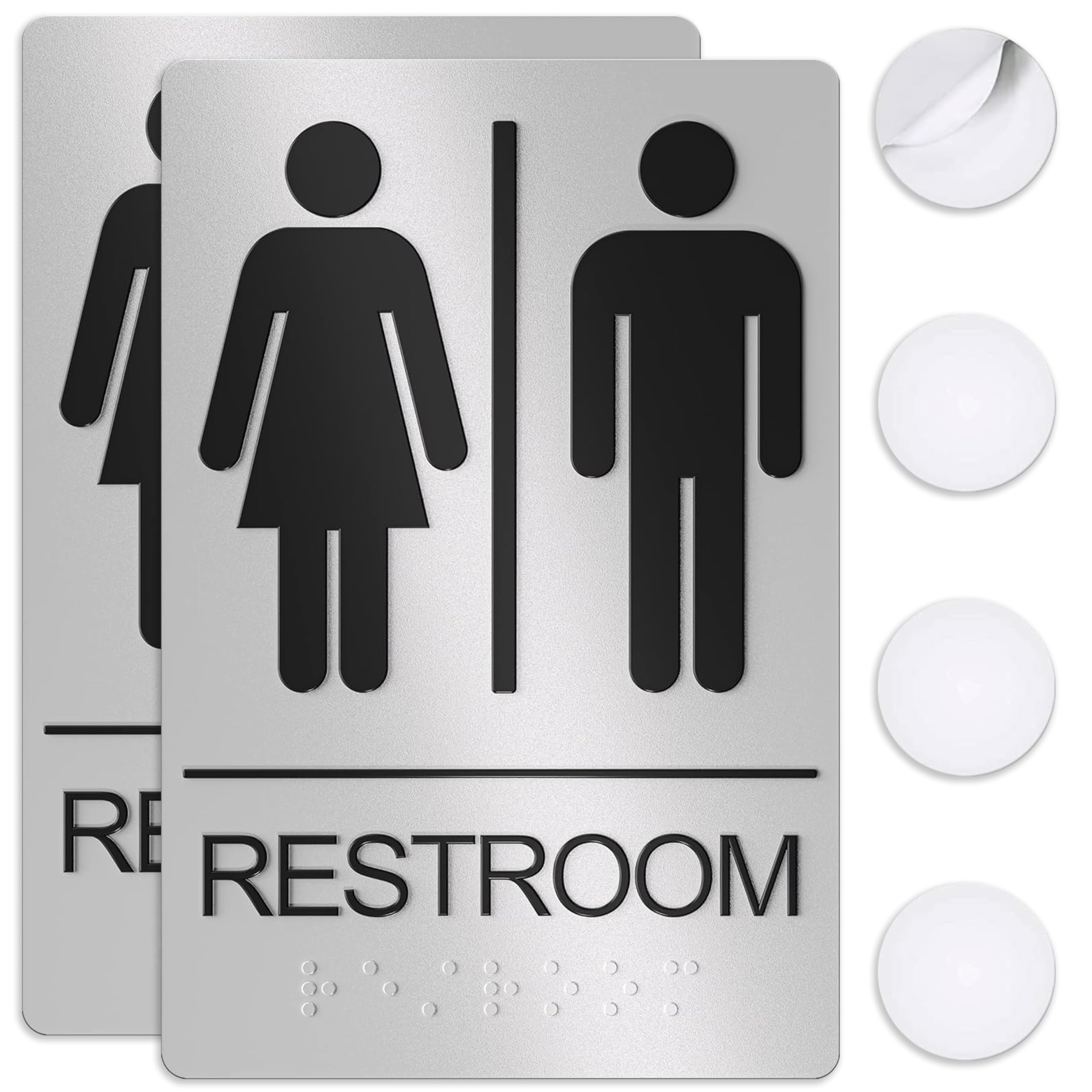 Unisex Bathroom Signs, Restroom Sign For Business - For Men and Women - 2 Pack - 9" by 6" - ADA Compliant with Braille - Strong Double-Sided Adhesives