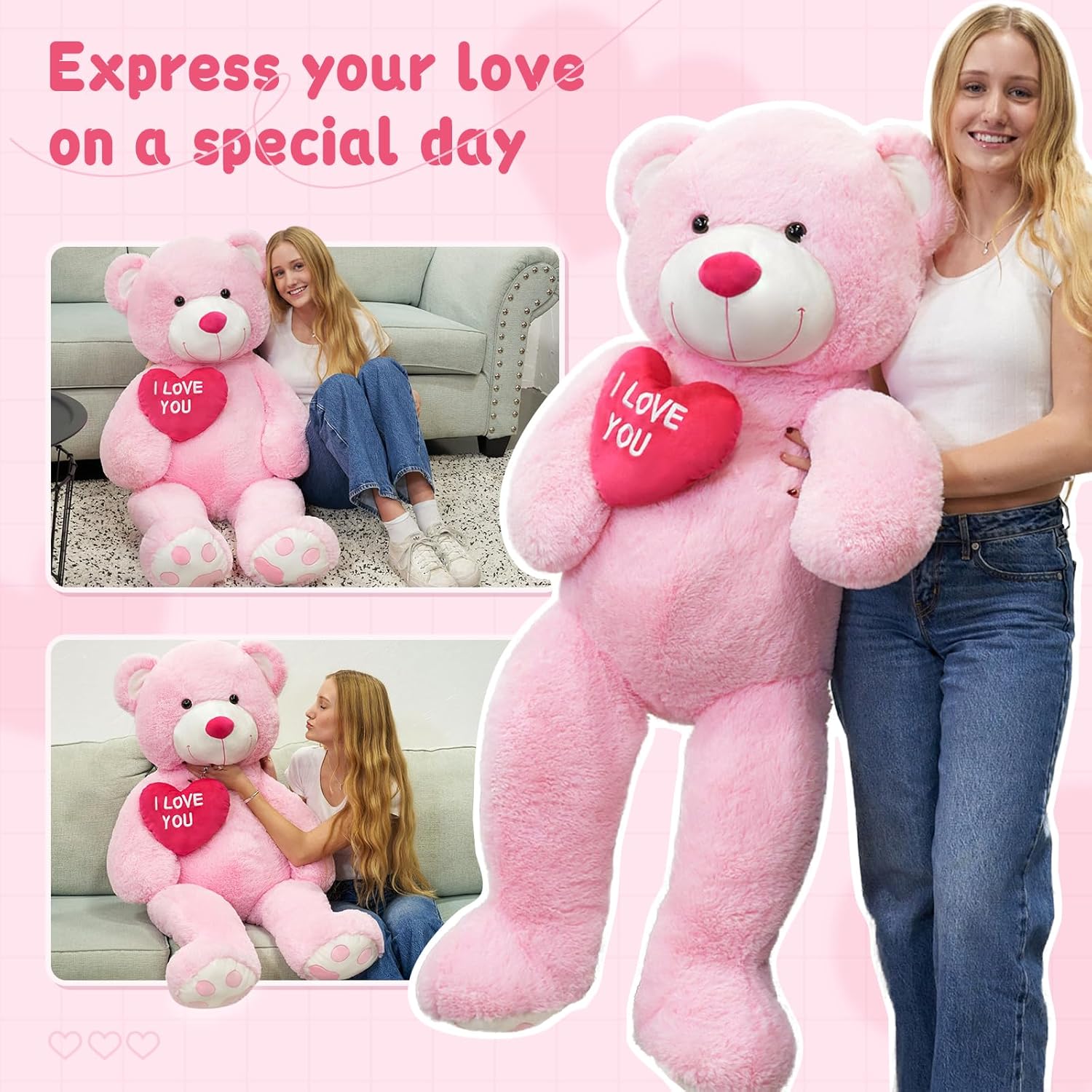 MaoGoLan Big Teddy Bear 52 inches Stuffed Animal, I Love You Red Heart Giant Pink Teddy Bear Plush Toy, Large Stuffed Animal Gift for Girlfriend, Boyfriend, Kids 4.3 Feet Pink