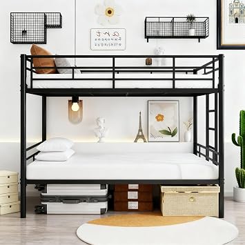 Bunk Bed Twin Over Twin, Metal Bunk Beds with Built-in Ladder and Safety Guardrail, Detachable 2 Twin Bed for Teens & Adults, Space-Saving Bunkbeds for Dorm, Bedroom, Apartment (Black, Twin-01)