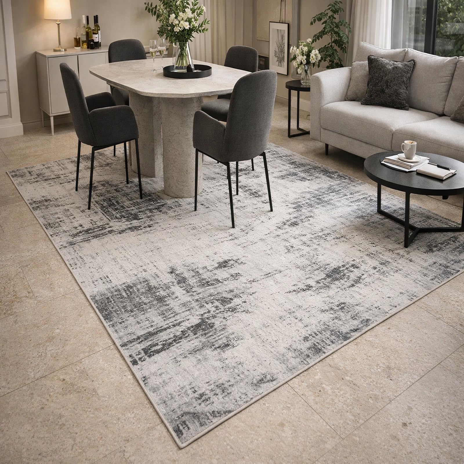 Tapis lavable 160x200cm antidérapant grand tapis gris salon