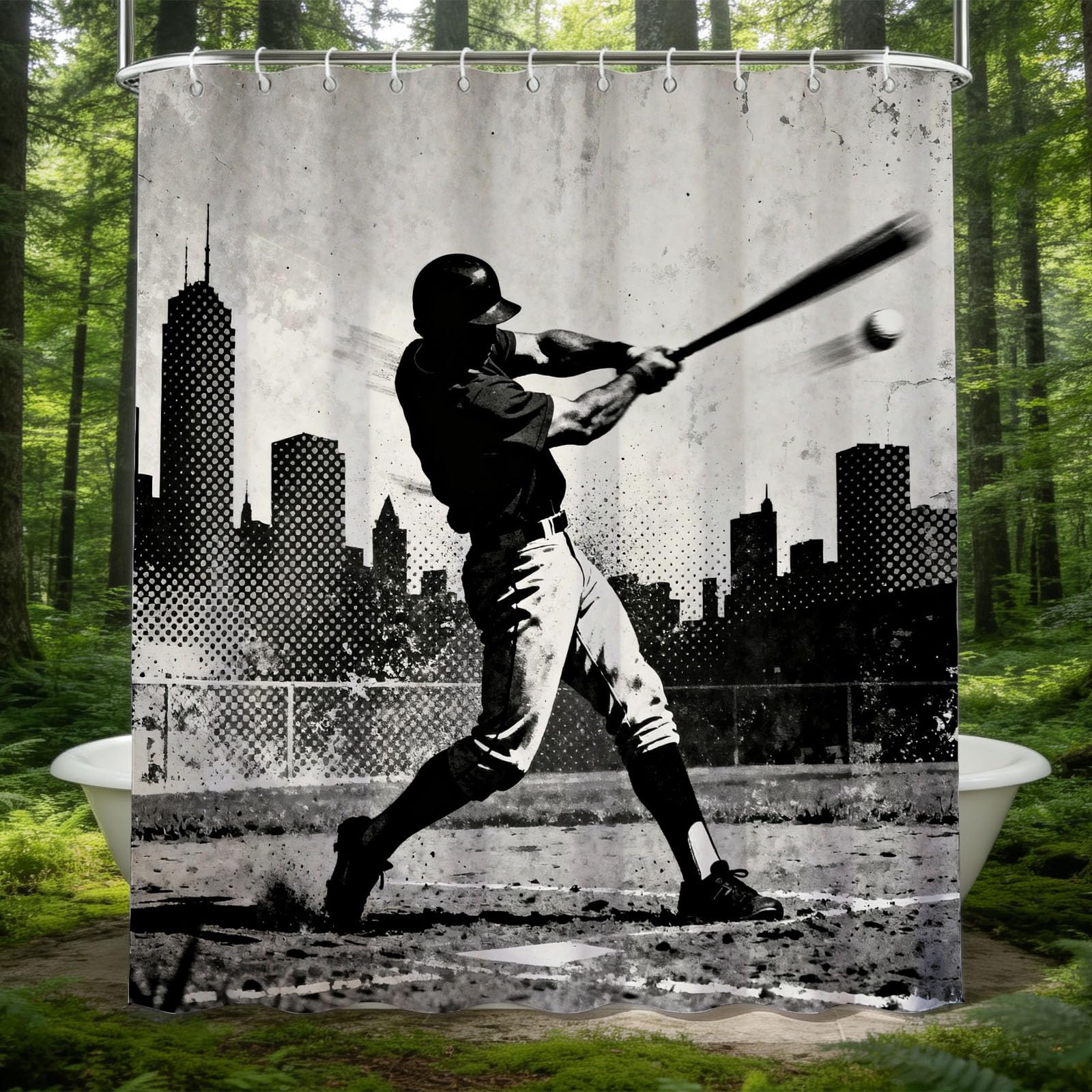 Hongduo 3D Vintage Baseball Shower Curtain for Stalls Bathtubs Cartoon Bathroom Decor Shower Curtain Set Polyester Fabric Waterproof 180x200cm/71X79 Inch with Hooks