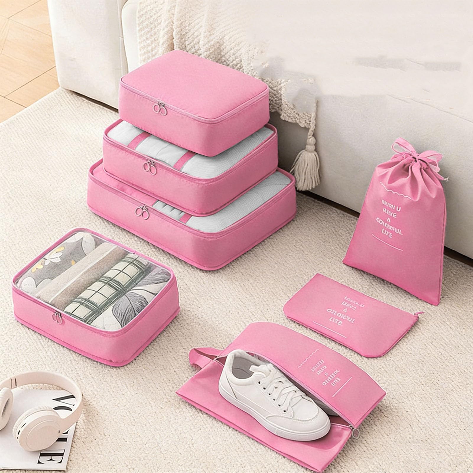 Ejoyous Set di Cubi da Imballaggio, Organizzatori per Imballaggio Bagagli in Poliestere Organizzatore per Valigie in Rete da 7 Pezzi con Borsa per Scarpe Dimensioni Multiple per Viaggi di Famiglia