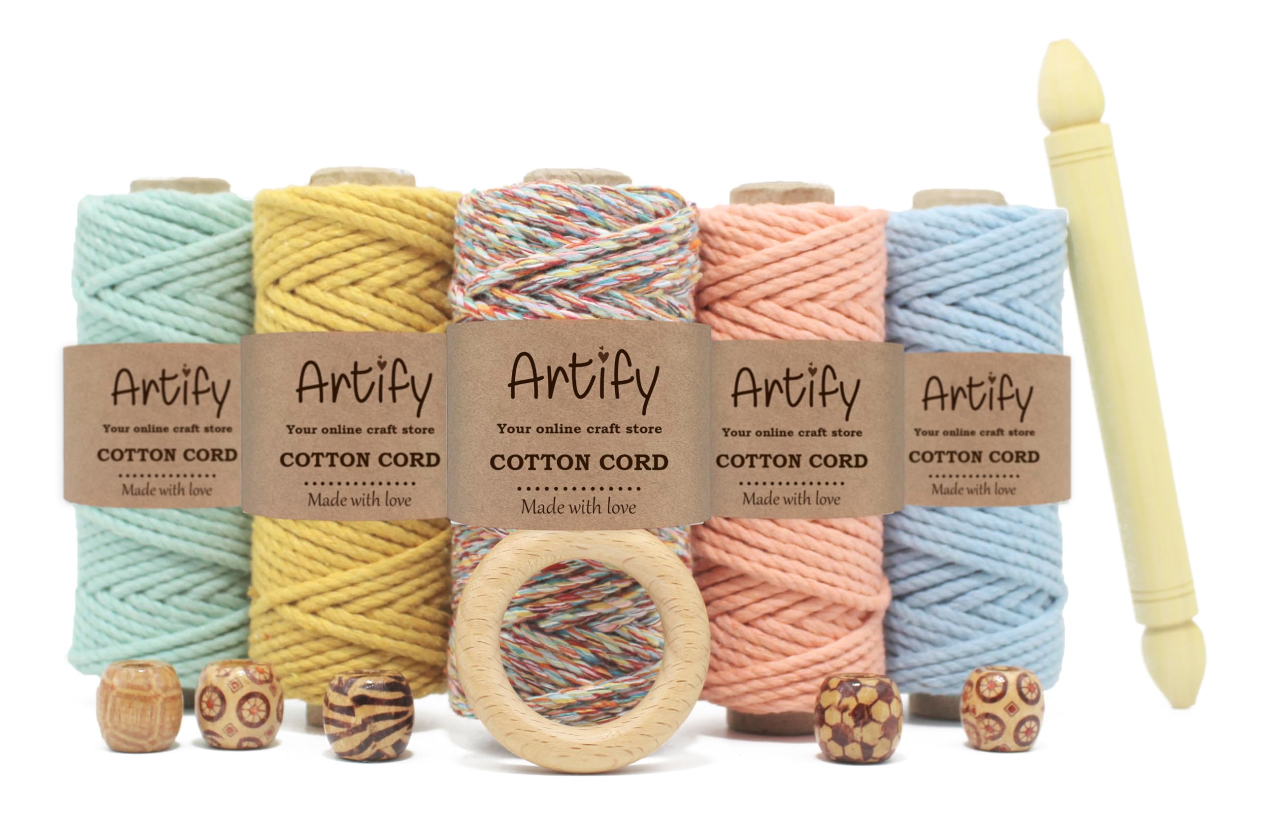 Artify | 3ply Twisted Cotton Cord kit/Combo (Each Color 50 Meter, 3mm) | Get Free Wooden Dowel, Ring, Beads | DIY, Crafts, Wall Hanger| Mint Green, Mustard, Multi, Peach, Sky