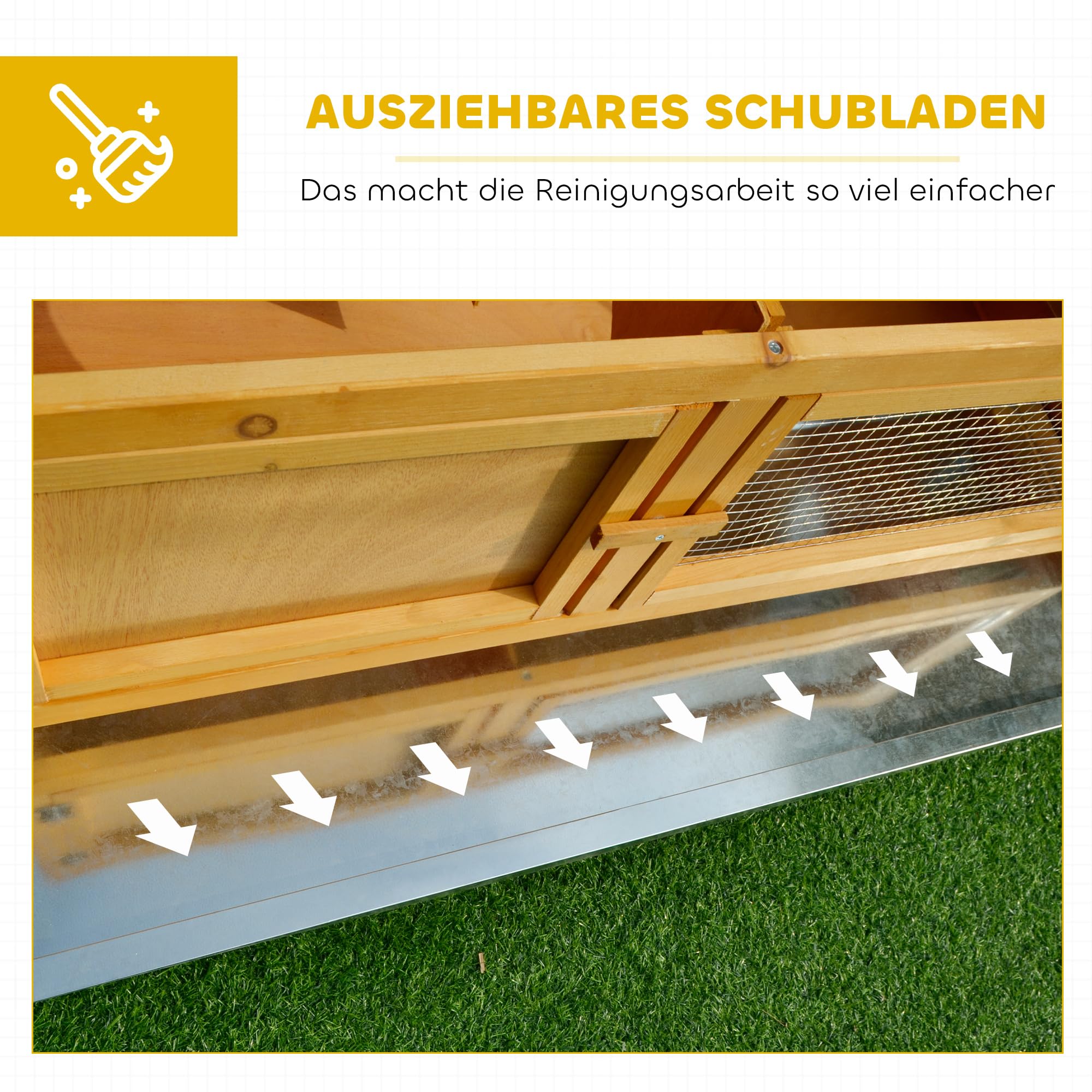 PawHut Conejera de Madera para Conejos, 115 x 44,3 x 65 cm, con Techo abatible, 2 Puertas, Bandeja a Prueba de Fugas, Jaula para Conejos al Aire Libre, Color Amarillo Claro