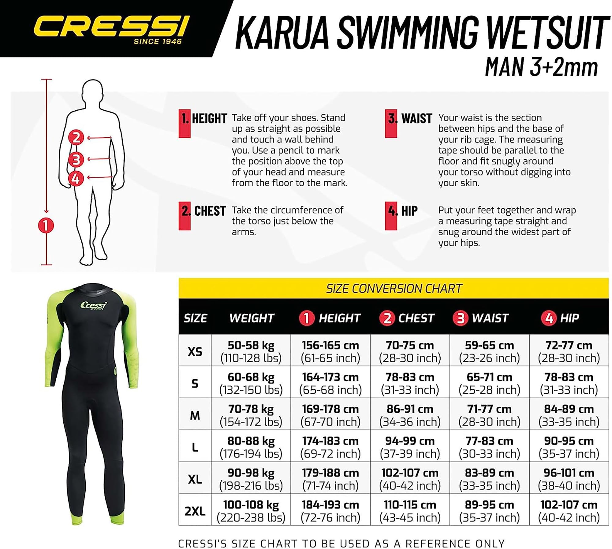 Cressi Karua Man Monopiece Swimsuit Multi Thickness 3/2 mm - Muta Monopezzo da Nuoto Neoprene Bifoderato 3/2 mm, Nero/Lime, Uomo