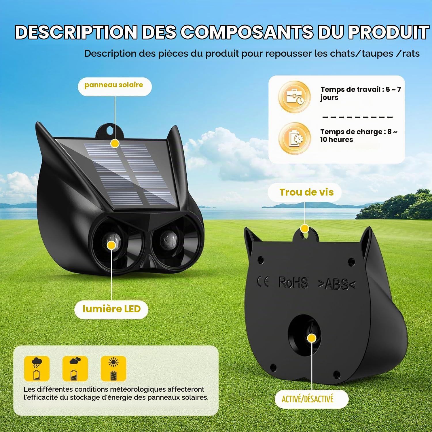 Repulsif Chat, Répulsif Chat Extérieur Solaire Étanche avec Flash Lumineux Rouge, Anti Chat, Repulsif Chien Exterieur Puissant, Dispositif Visuel de Nuit pour Jardin