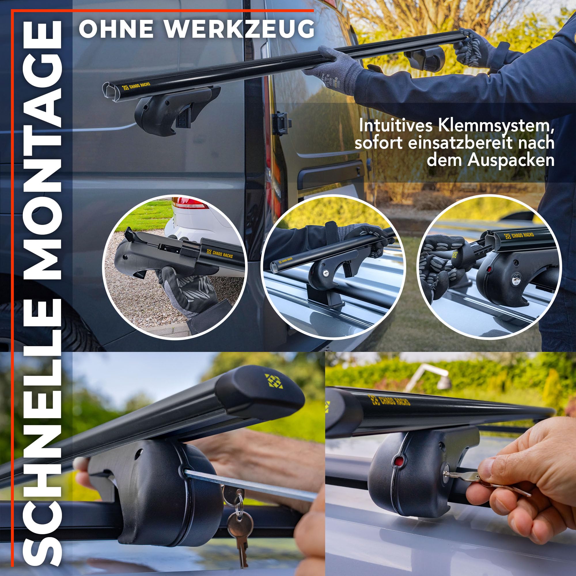 Chaos Racks | Dachträger Universal Dachgepäckträger für Offene Dachreling | Sicherer Transport von Dachbox, Fahrradträger, Skihalter, Leiter | Leichte und Robuste Konstruktion aus Aluminium; 120 cm