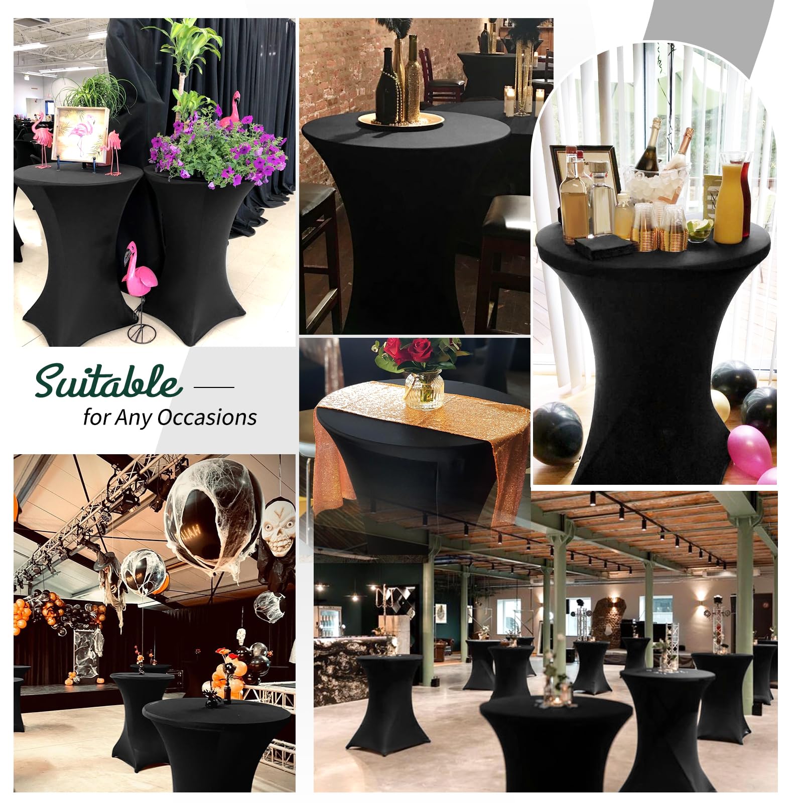 Paquete de 6 manteles elásticos de elastano con esquinas cuadradas de 80 x 110 cm, color negro, ajustables para mesa alta, resistentes al agua, para bar, boda, cóctel, fiesta, banquete (color negro)