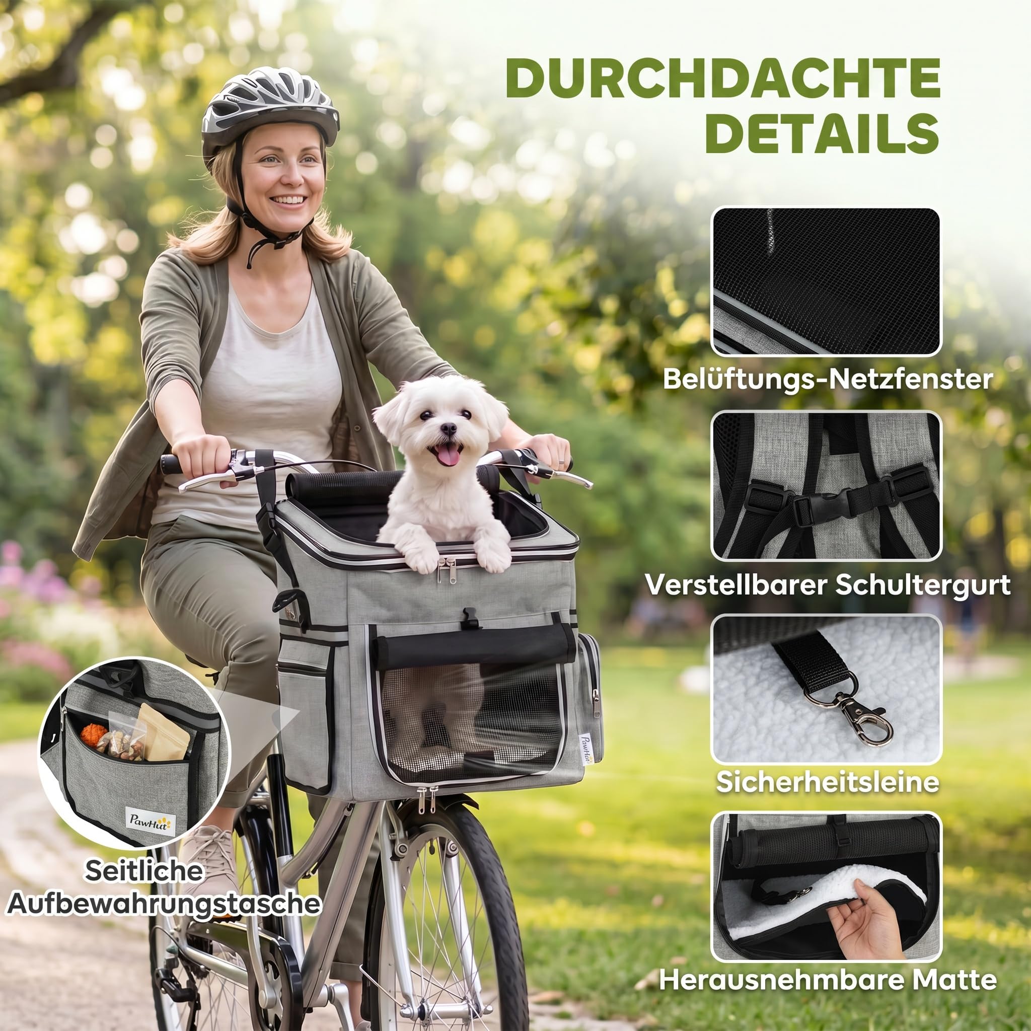 PawHut Hundekorb Fahrrad Vorne, Tragbarer Atmungsaktiver Hundefahrradkorb mit Sicherheitsleine Weichem Kissen Mesh-Türen Schüssel Fahrrad Lenkerkorb für Kleine Hunde und Katzen bis 5kg Hellgrau