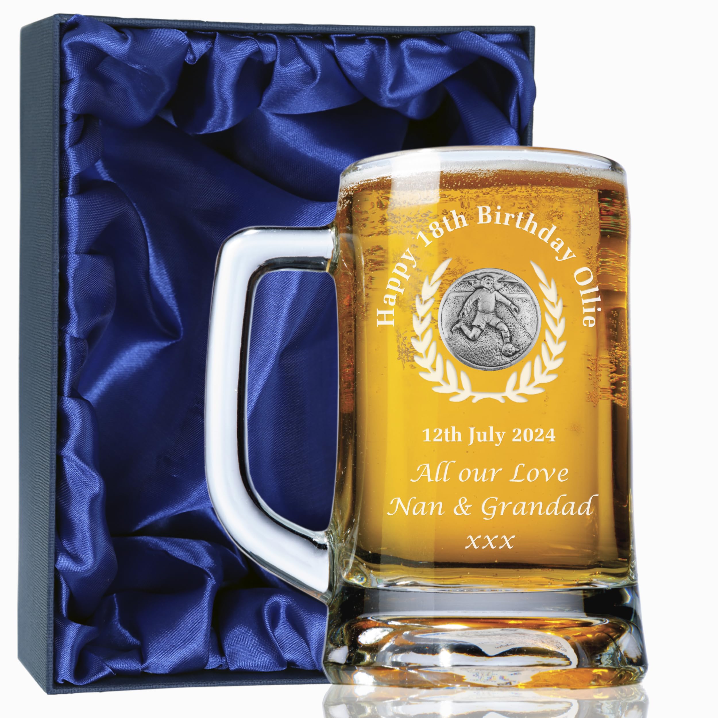 De Walden Men's 18th Birthday Engraved Footballer Pint Glass Tankard Satin Box
