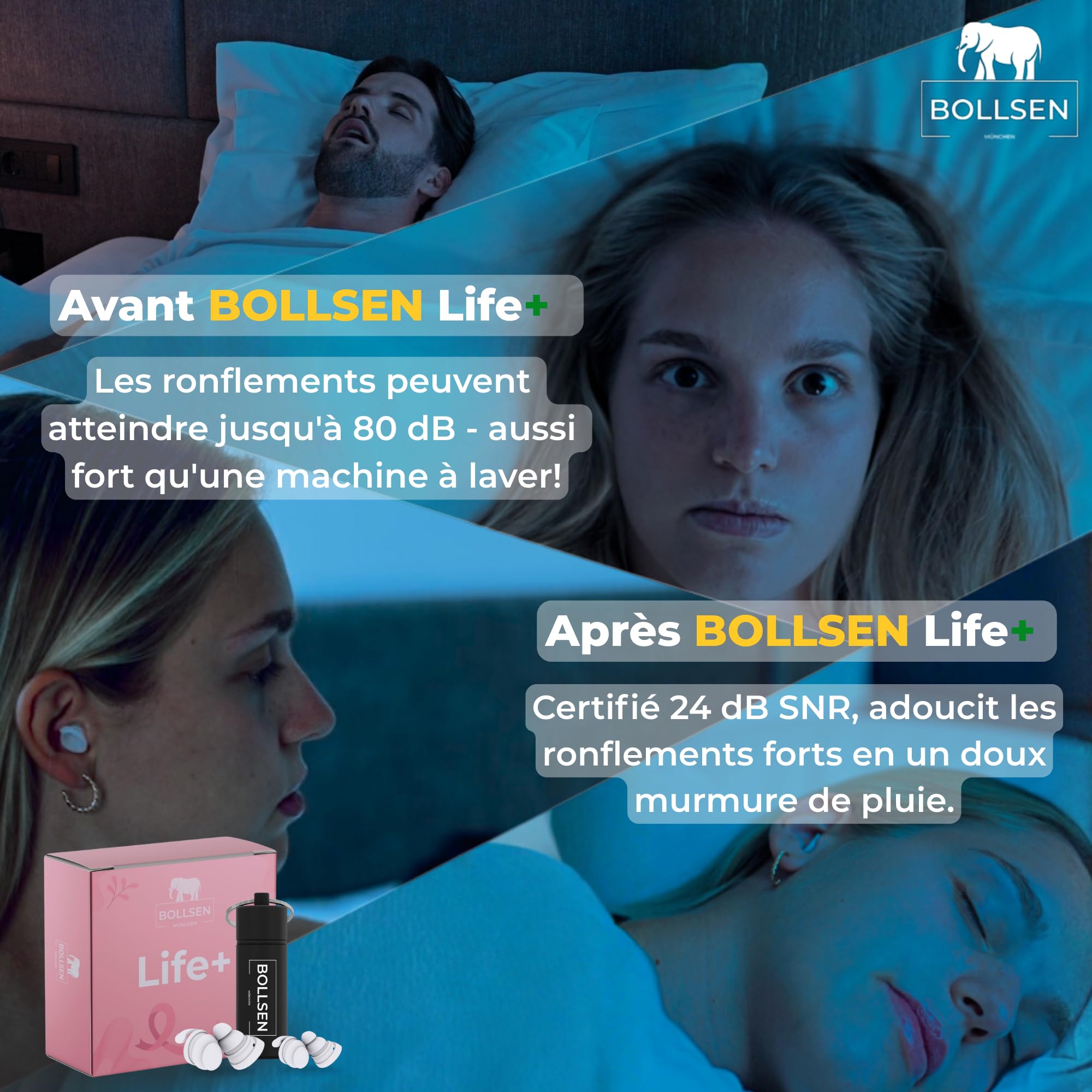 BOLLSEN Life+ Pink Bouchons d’oreilles pour dormir - Bouchons d’oreilles en silicone avec 2 tailles (S & M)-Réduction du bruit SNR 24 dB -Confortables jour et nuit - Durables et réutilisables 100x (3)
