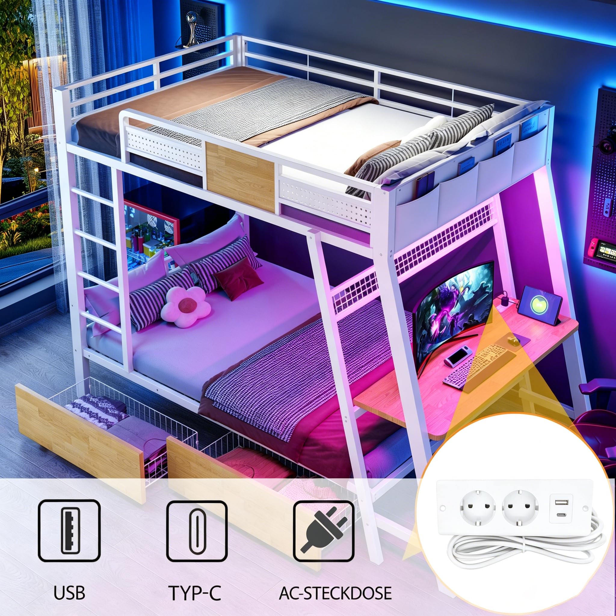 Azkoeesy Letto a castello in metallo resistente con scrivania e presa USB, cassetti su ruote, luci LED RGB con controllo App, Pannello a griglia, per adolescenti e adulti, colore bianco, 90x200 cm