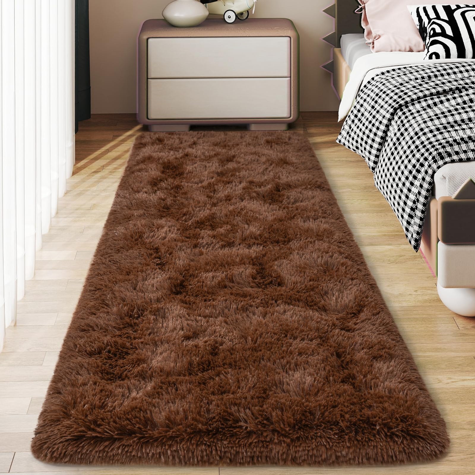 Ailyei Soft Runner Rugs for Bedroom Hallways, 2x6 Brown Fluffy Shag Throw Area Rug Non Slip for Bedside Dorm, Long Shaggy Furry Carpet for Nursery Living Room