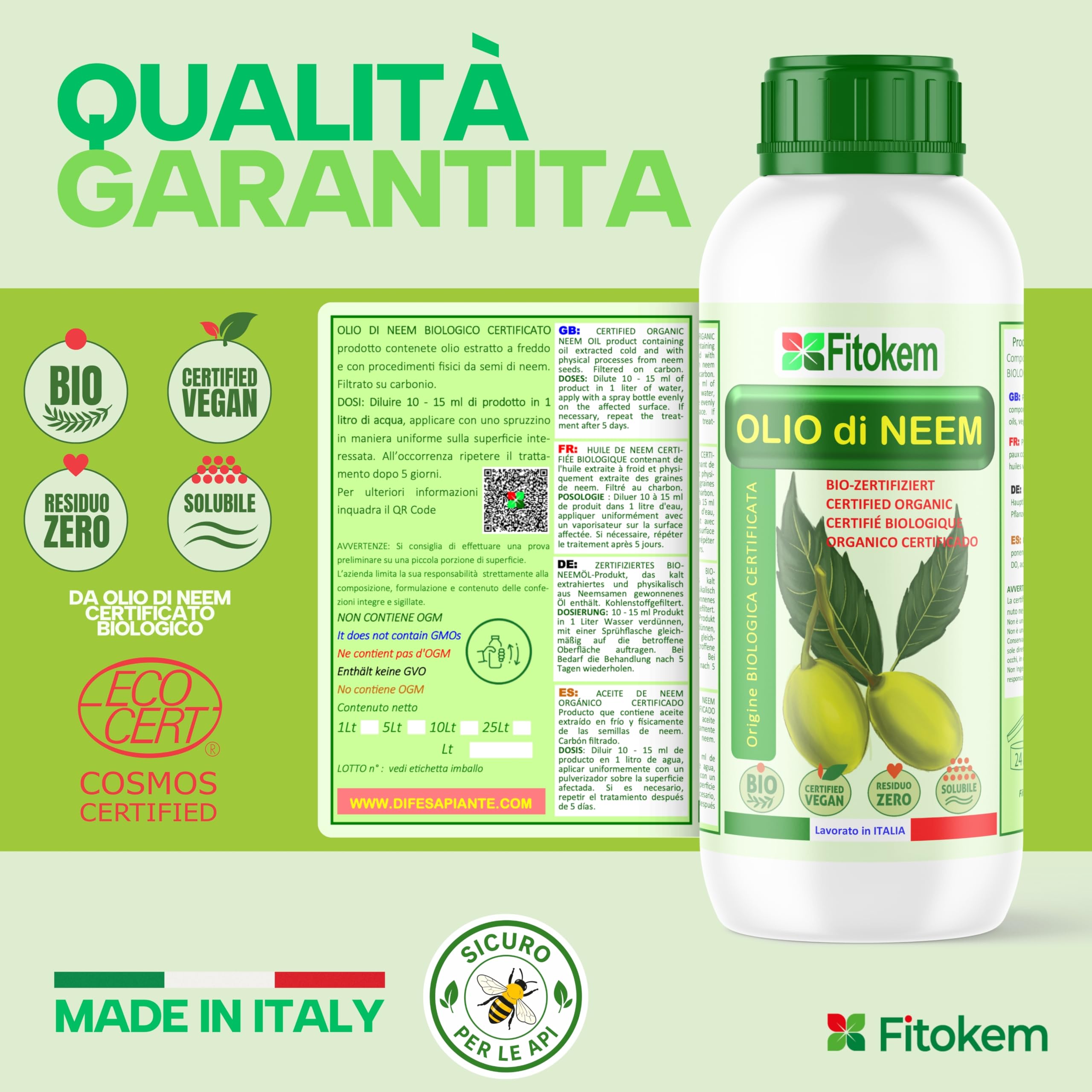 Fitokem Sapone Molle di Potassio 1lt e Olio di Neem 1lt Kit Protezione Piante Corroborante Naturale per Orto e Giardino contro Afidi e Cocciniglia Residuo Zero Made in Italy
