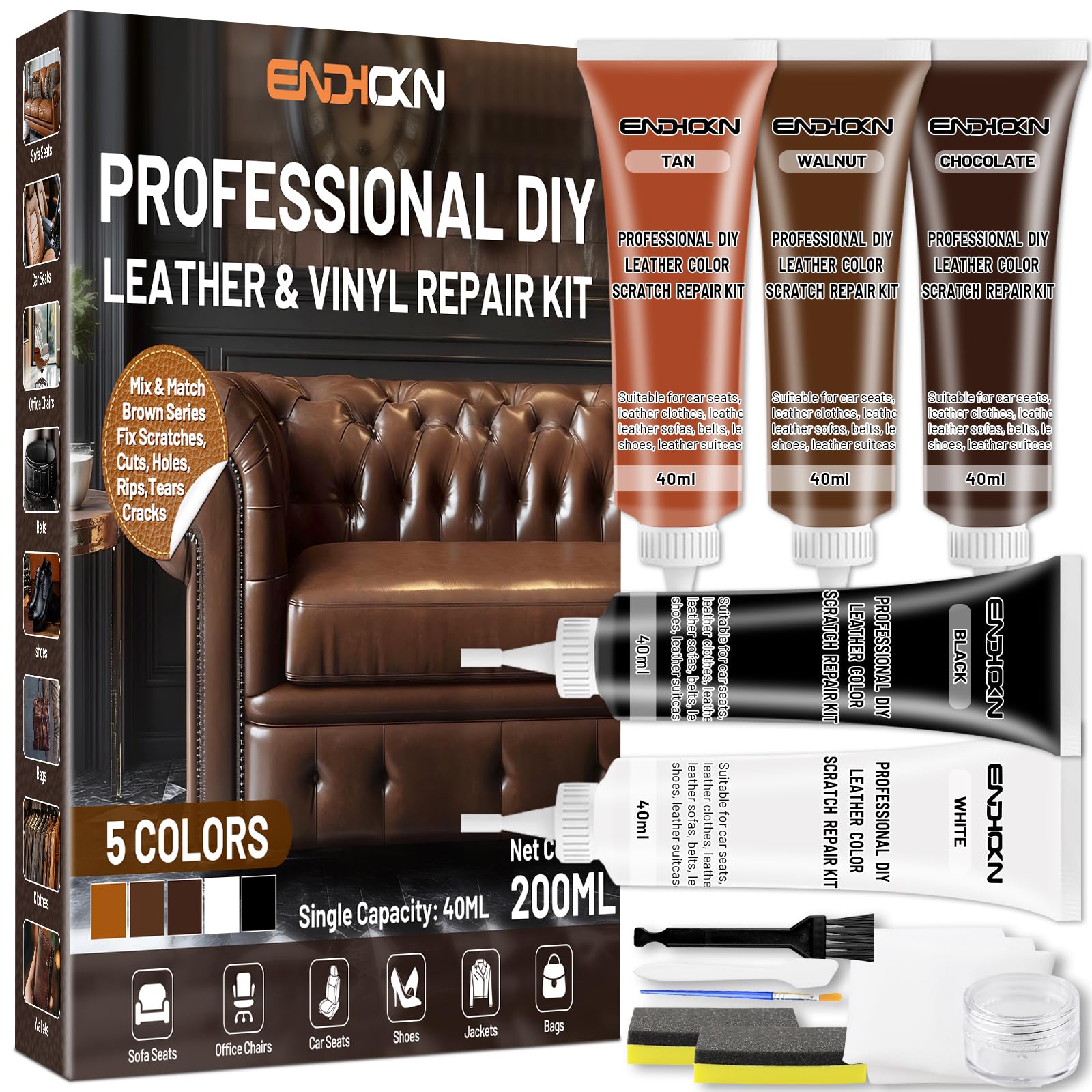 Endhokn Kit de Réparation Cuir, 5 Couleurs Reparation Siege Cuir, Sièges de Voiture Canapés, Réparer Les Égratignures, Coupures, Déchirures, Trous, Fissures Couleur Assortie et Facile à Utiliser