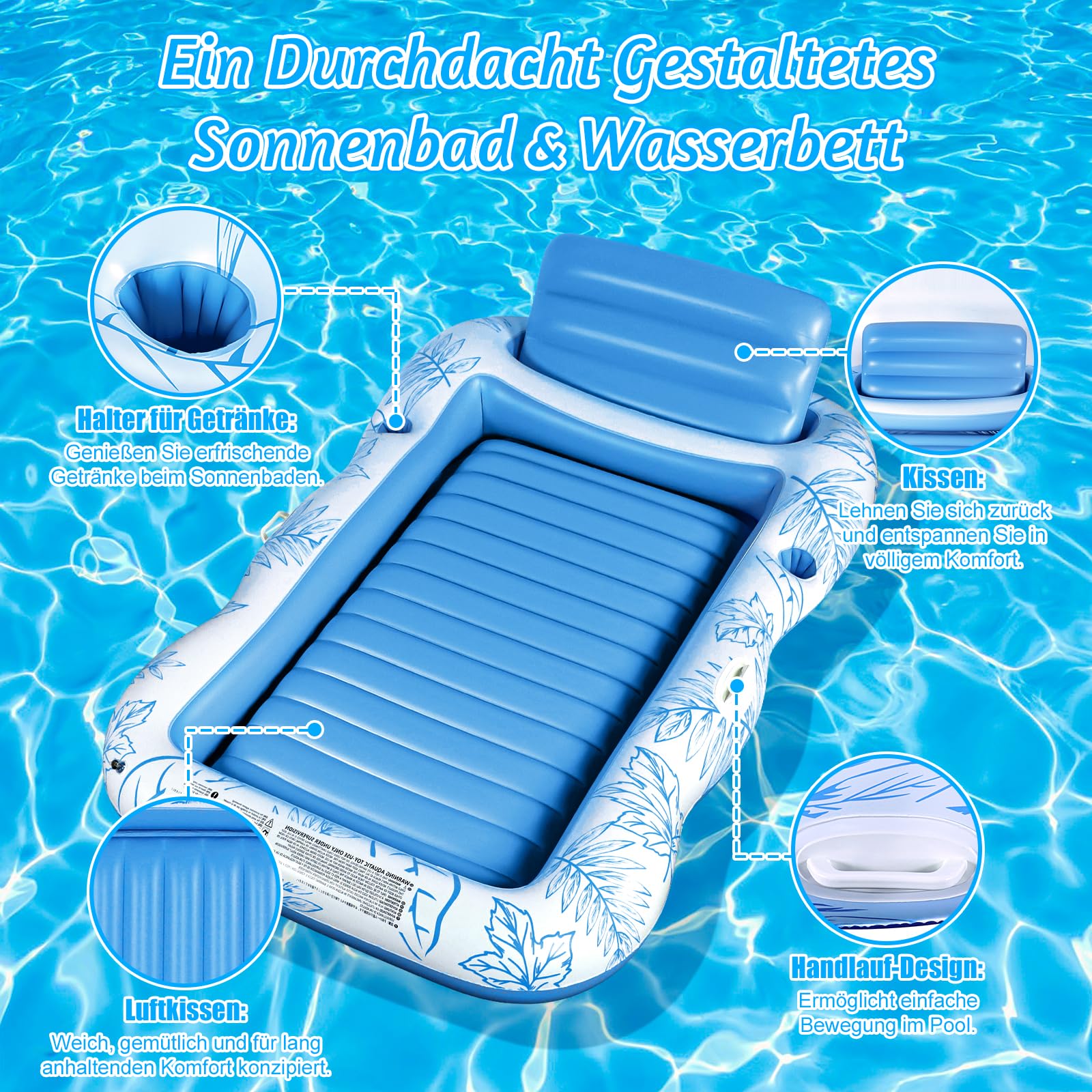 Charmofun Aufblasbarer Tanning Pool, Luftmatratze Pool Hängematte mit Tassenhalter, Pool Lounge aufblasbare Liege, Aufblasbare Sonnenpool Wasserhängematte für Erwachsene und Kinder (Blau)