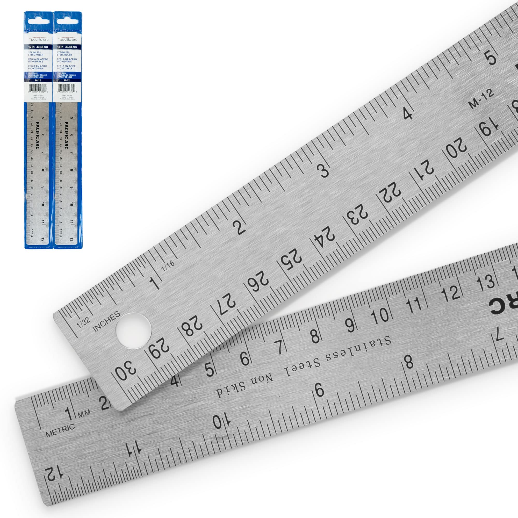 2 Pack Pacific Arc Stainless Steel 12 Inch Metal Ruler Non-Slip Cork Back, with Inch and Metric Graduations