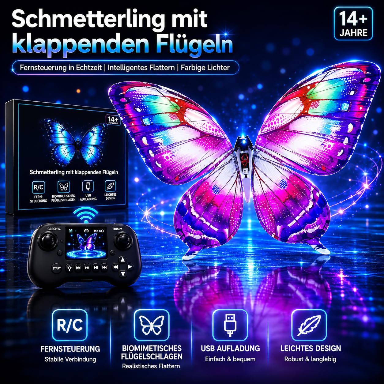 RC Bionic Butterfly Ornithopter Drohne mit Sensorunterstützung LED Beleuchtung batteriebetrieben Bunte Schmetterlingsflügel lustiges Flugspielzeug für drinnen und draußen Geschenk(Purple)
