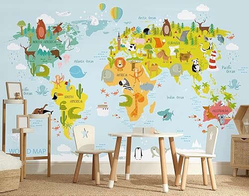 Miniatura 2 de Murwall Papel tapiz infantil con mapa del mundo para niños, mural de pared de animales de dibujos animados, arte de pared, cuarto de bebé,