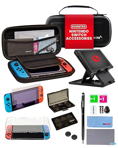Switch Accessories Kit compatible for Nintendo Switch - Black Bundle Set with Travel Case, Game Card Holder, Thumb Grip, Tempered Glass, TPU Case,