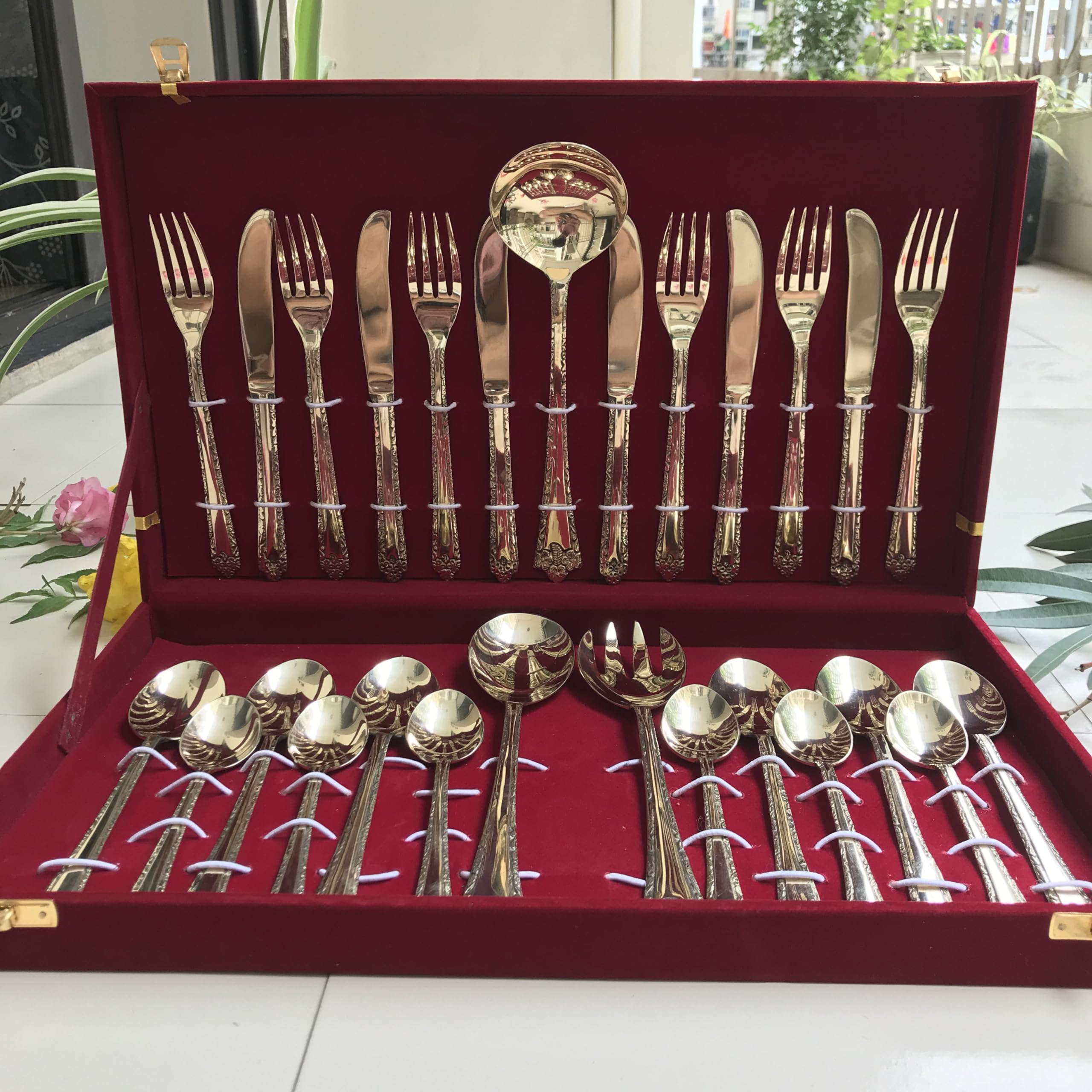 Sama Homes Brass Cutlery Set of 27 Piece for Royal Dining Experience handcrafted by Indian Artisans