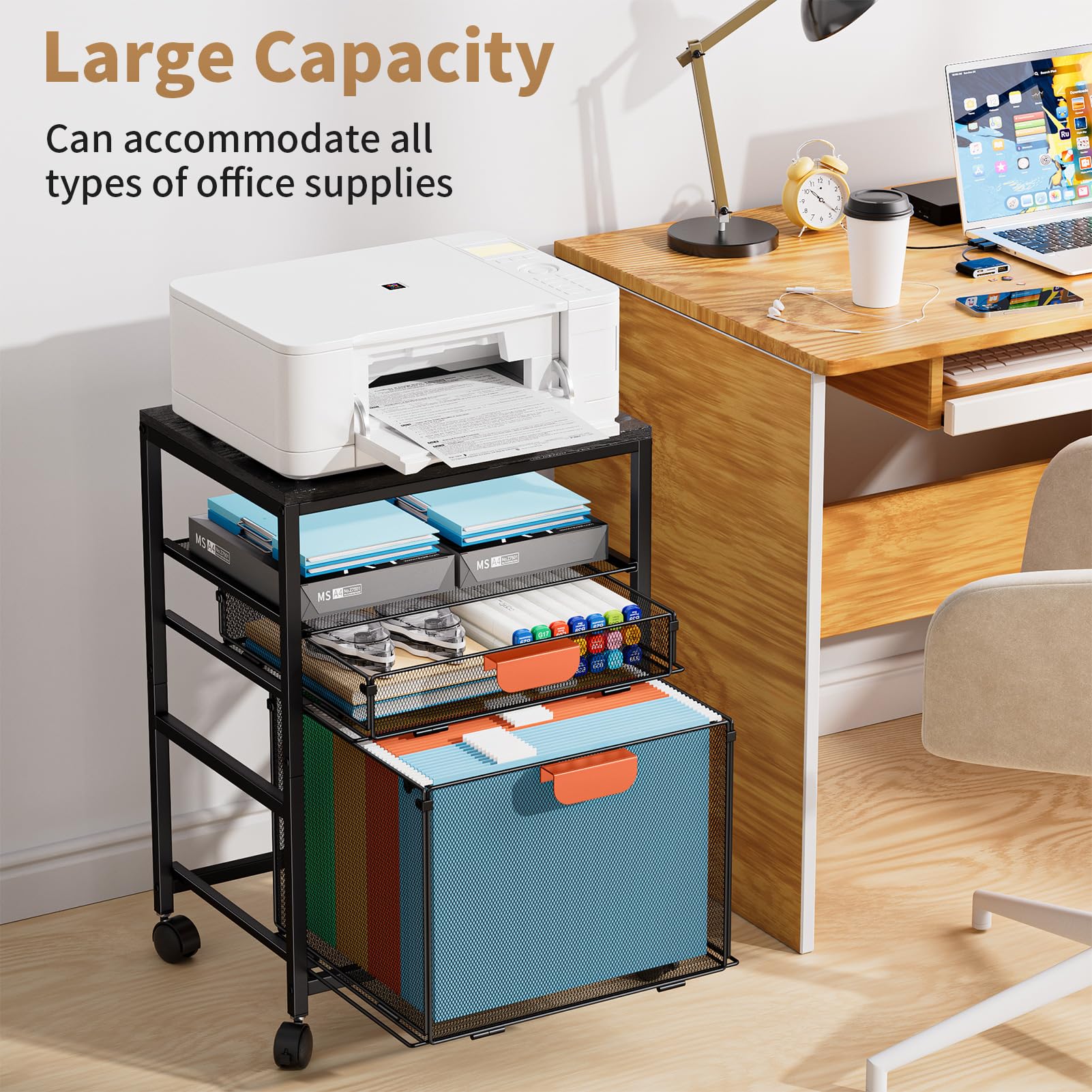 Marbrasse Soporte para Impresora con Almacenamiento,Carrito Grande con Ruedas,Mueble Organizador para Archivador con Cajones,Carrito para Impresora 3D,Teléfono Móvil,Oficina en Casa(Negro)