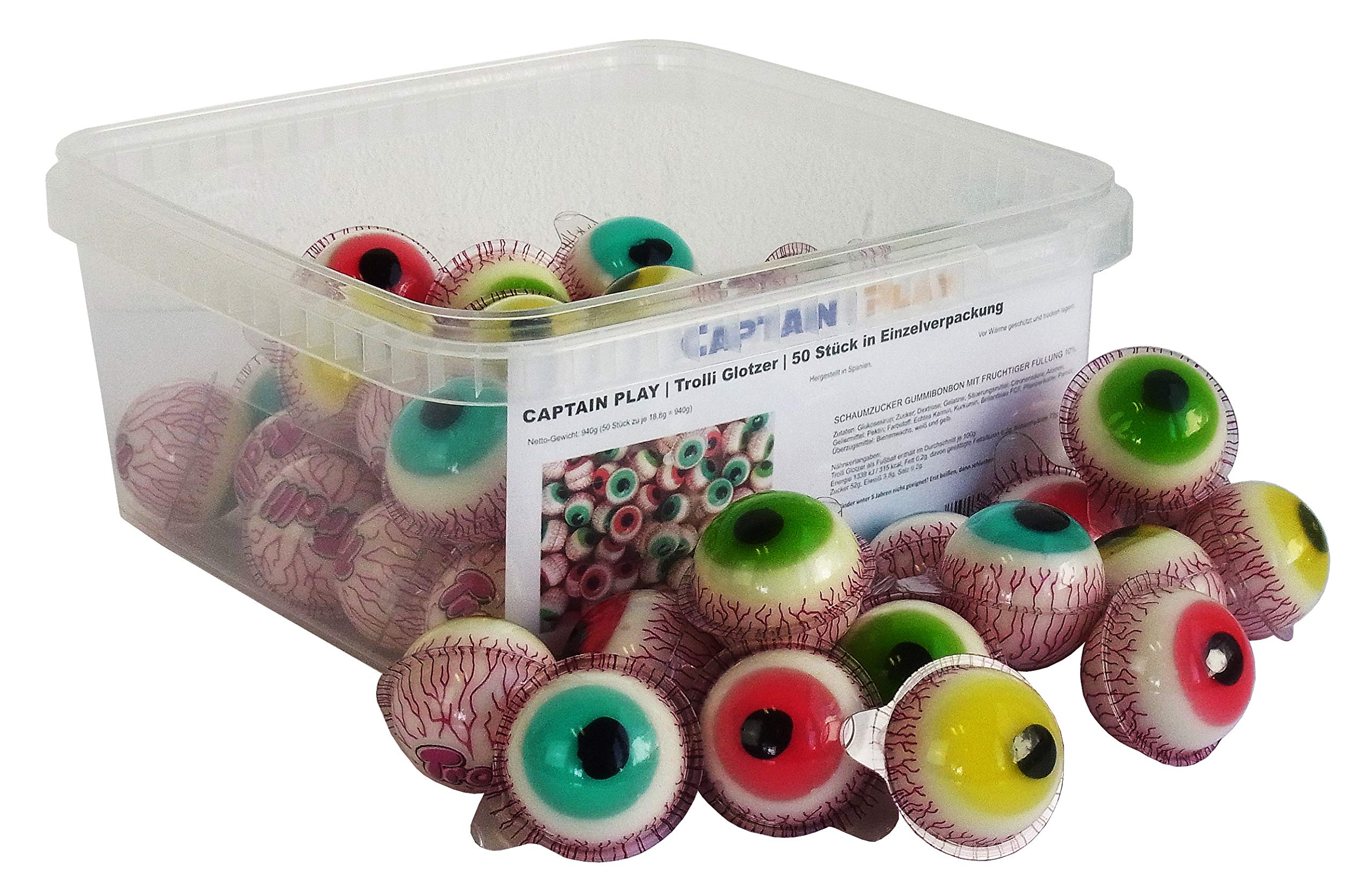 CAPTAIN PLAY Ojos consta de Golosinas, Núcleo líquido, ideal para Halloween y Candy Bar, Candy Box con 50 Piezas - Terribles Decoraciones de Terror de Halloween