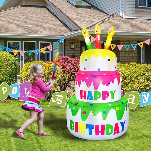 Miniatura 7 de DearSun Pastel inflable de cumpleaños de 4 pies de alto, pastel de cumpleaños inflable con velas iluminadas, 6 luces LED en el interior para