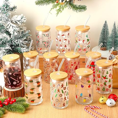 Miniatura 3 de Juego de 12 vasos de Navidad con tapa de bambú y popote de vidrio de 16 onzas, taza de Navidad de café helado, tazas de café de Navidad, tazas para