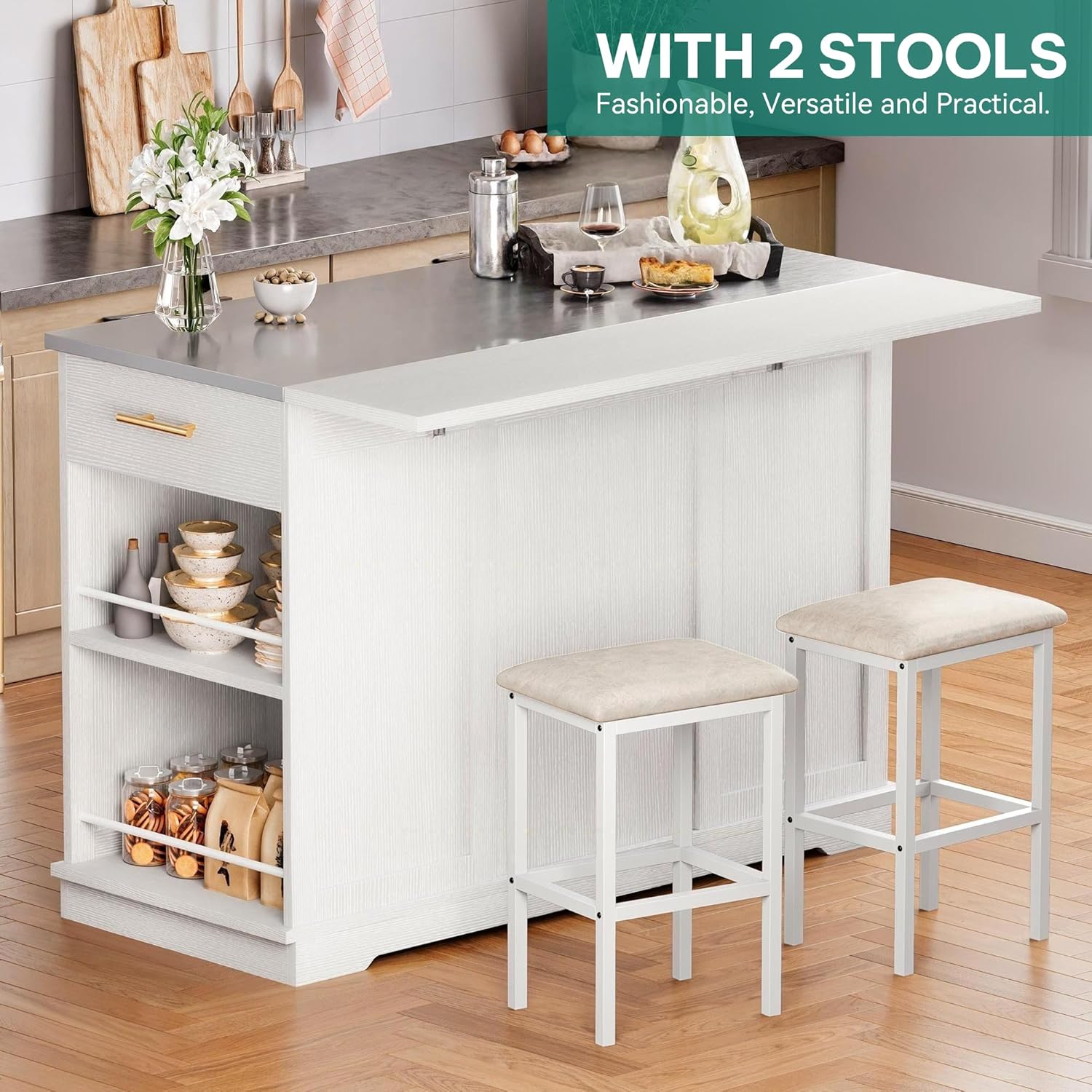 YITAHOME Kitchen Islands with Seating, 47" Mobile Storage Island with Trash Can, Rolling Kitchen Island Cart with Drop Leaf & Stainless Steel Countertop, Bar Table with 2 Stools, Spice Rack, White