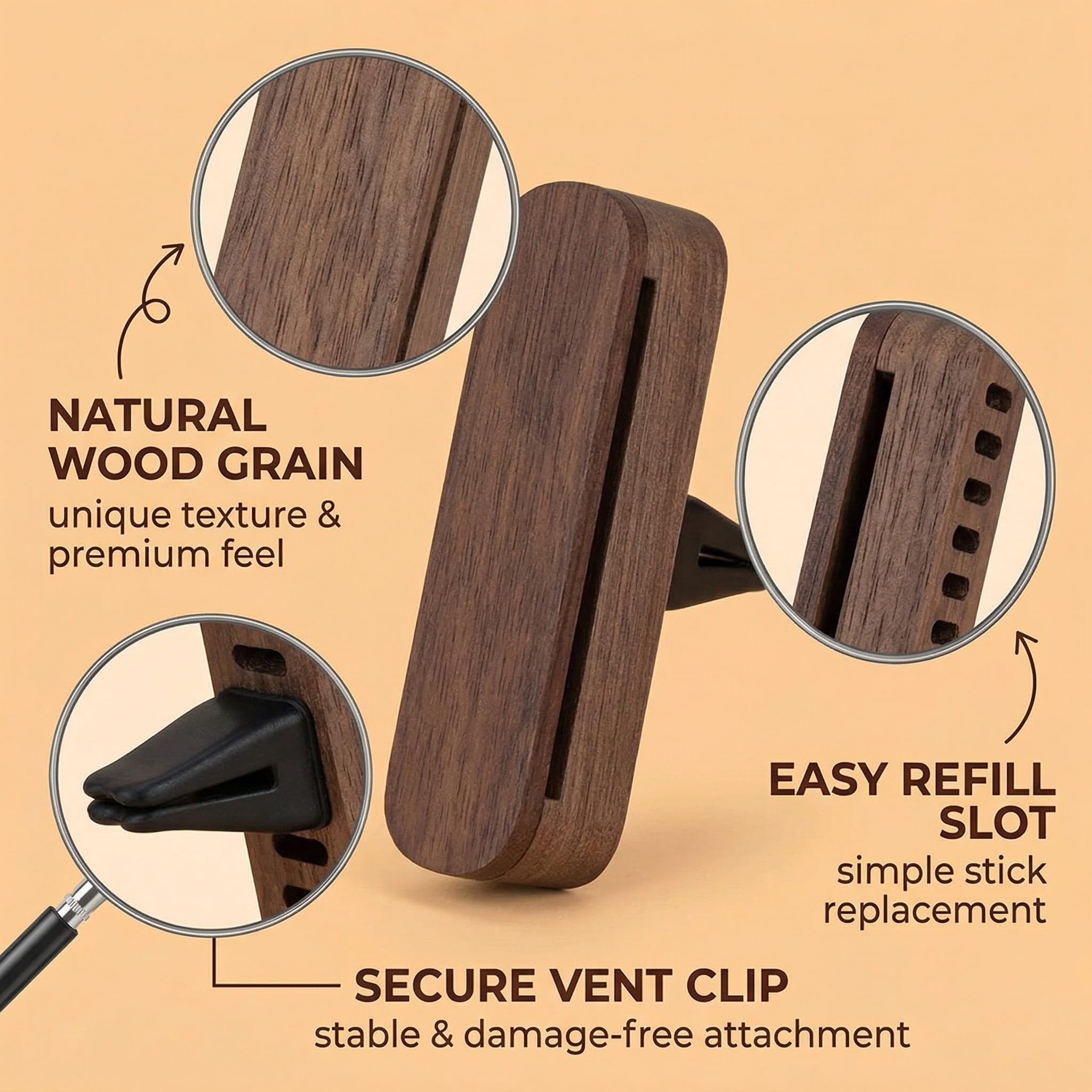 Diffusore Di Aromi Per Auto In Legno Per Oli Essenziali 9x2x1.5 Cm