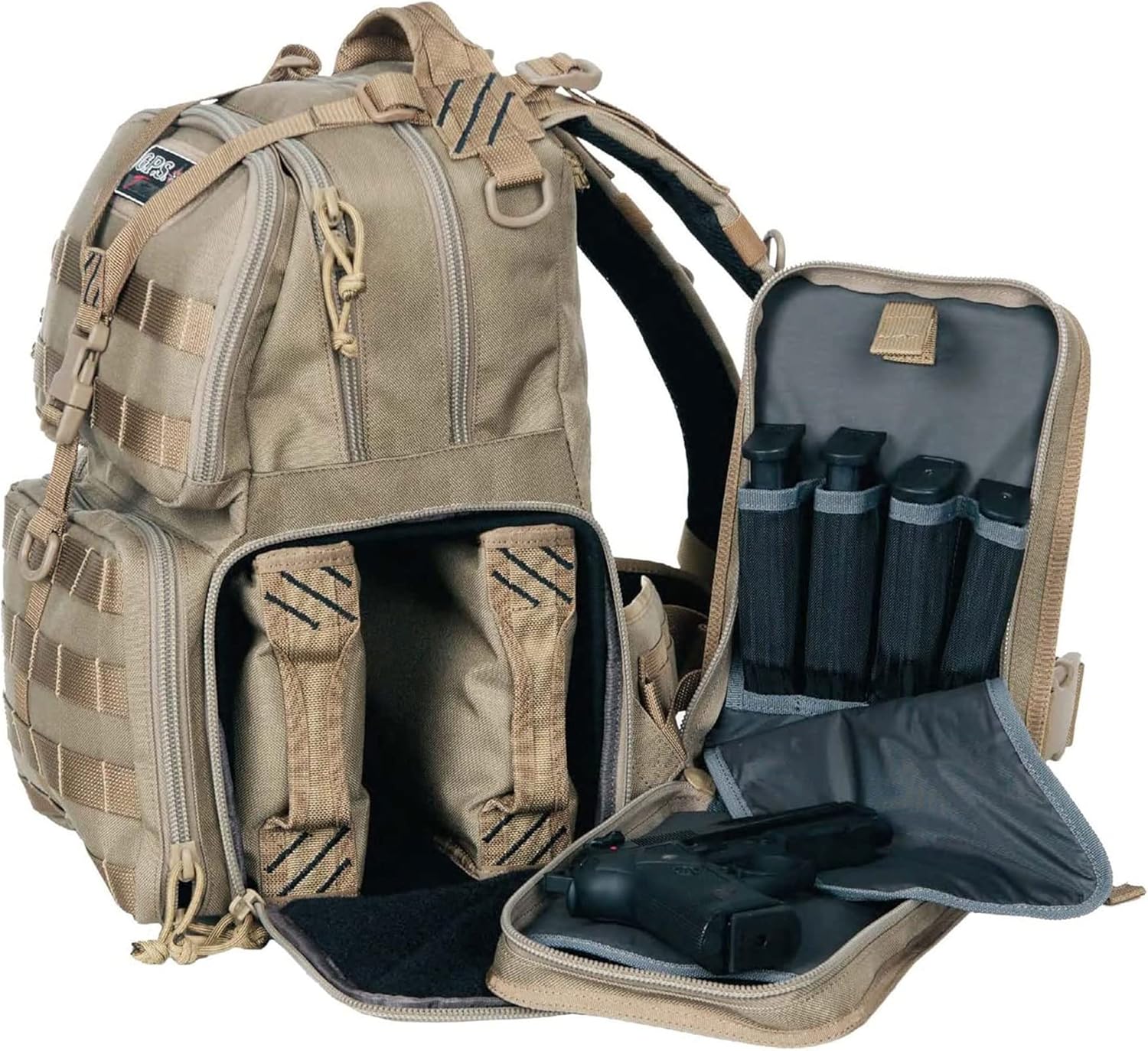 G. Outdoor Products G.P.S. Tactical Range Backpack | Tan | 3 Handguns Capacity | MOLLE Webbing | Durable Waterproof Stain-Resistant Shooting Tactical Gear