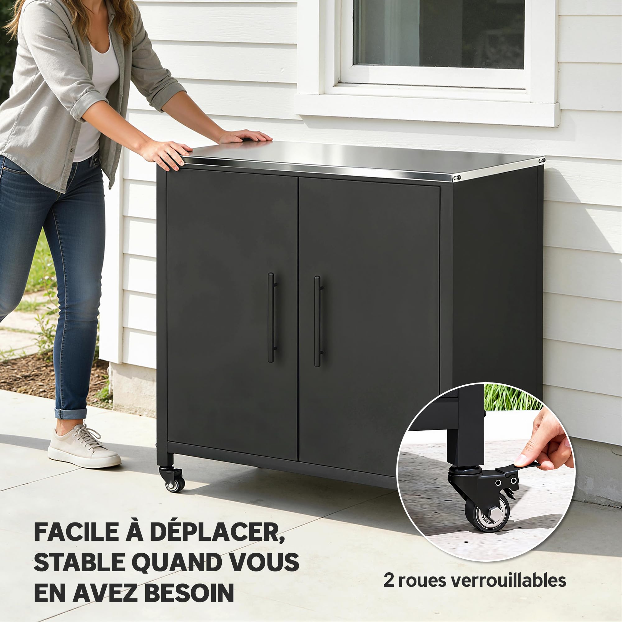 Outsunny Armoire de Jardin en Métal Extérieur roulettes 80x50x90 cm Noir | Armoire de Rangement de Jardin, Toit en Acier Inoxydable, Portes Magnétique, Étagère Amovible