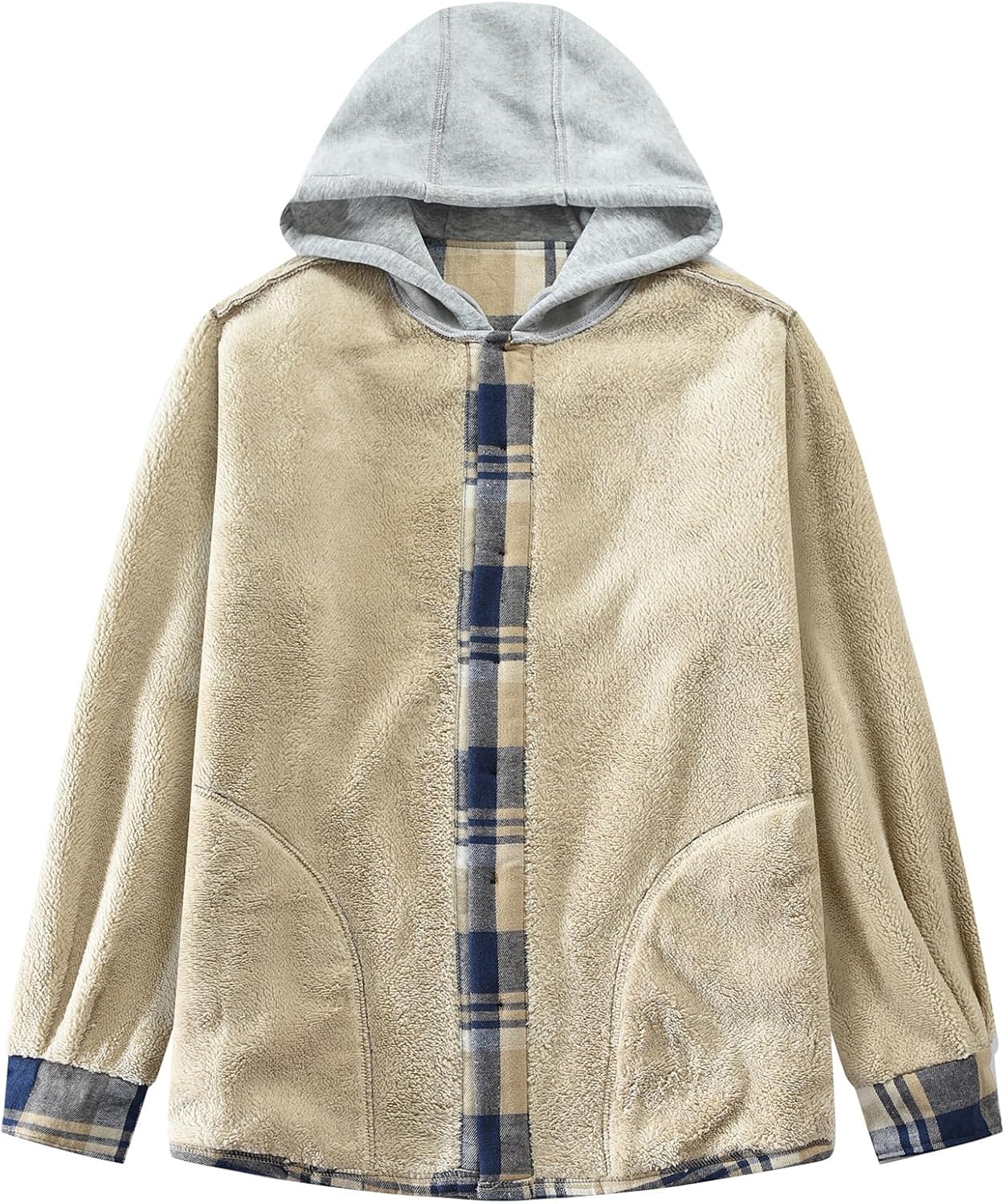 Men's Cotton Plaid Shirts Jacket Fleece Lined Flannel Shirts Sherpa Button Down Jackets with Hood for Men - Image 3