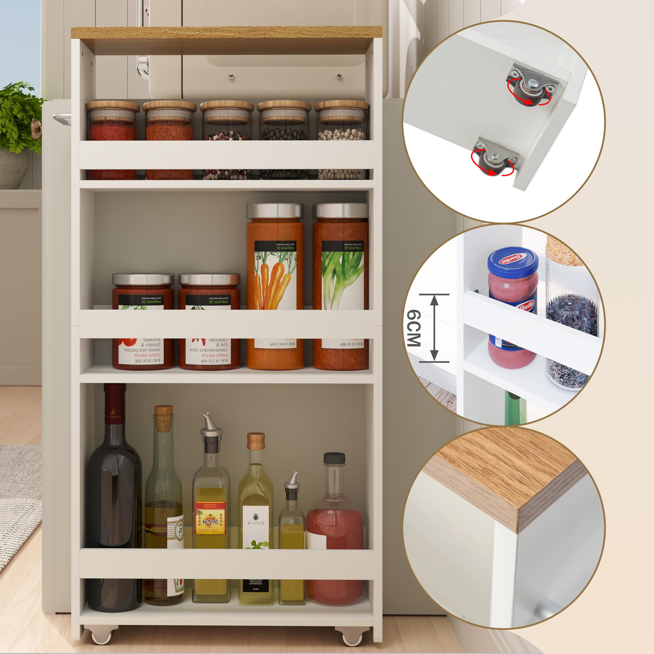 Carrello Cucina con Ruote 40 x 14 x 80 cm Carrello Stretto Salvaspazio a 4 Ripiani Scaffale Portaoggetti per Cucina Bagno e Lavanderia Bianco Effetto Legno