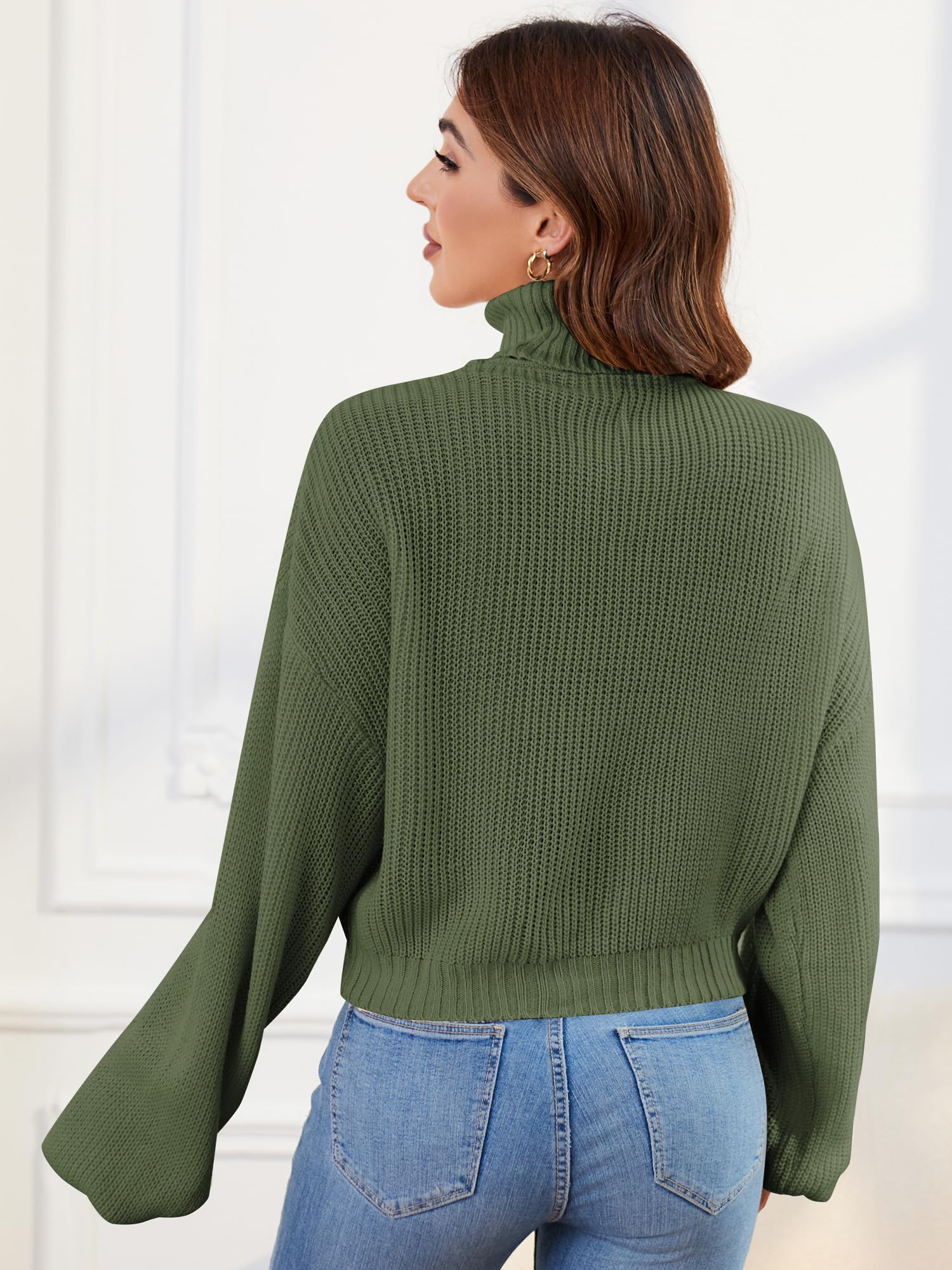 ZAFUL Women's Crew Neck Long Sleeve Pullover Crop Sweater Mock Neck Lantern Sleeve Ribbed Knit Cropped Sweater